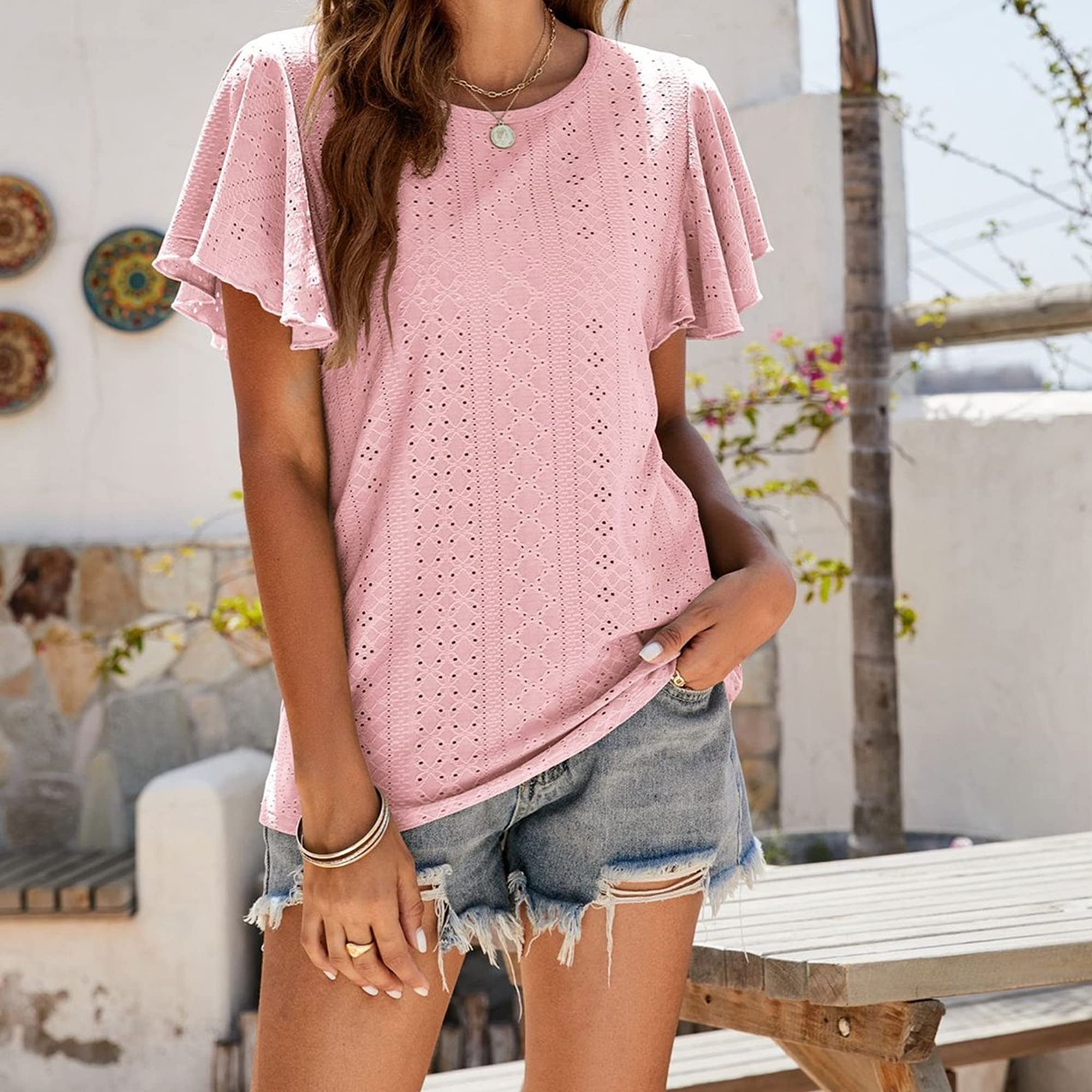Womens Summer Ruffle Sleeve Tshirts Crew Neck Loose Fit Blouse Tops Summer Casual Cute T Shirts (XX-Large,Pink)