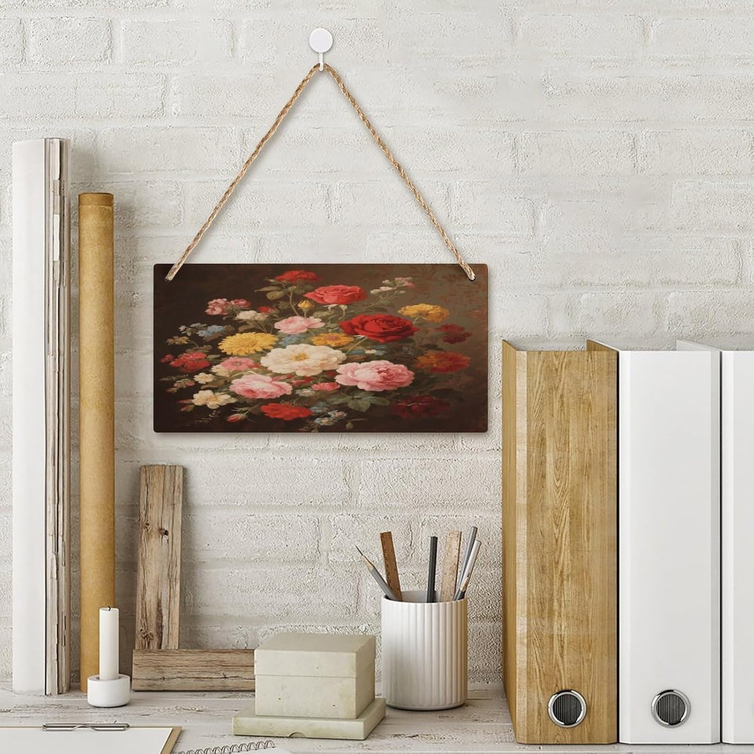 Vintage Floral Hanging Wood Sign Wooden Slices Banners with Ropes Personalized Rectangle Decorative Wooden Plaque Sign Wall Art for Garden Yard Home Farmhouse 9.8"x4.9" image 3