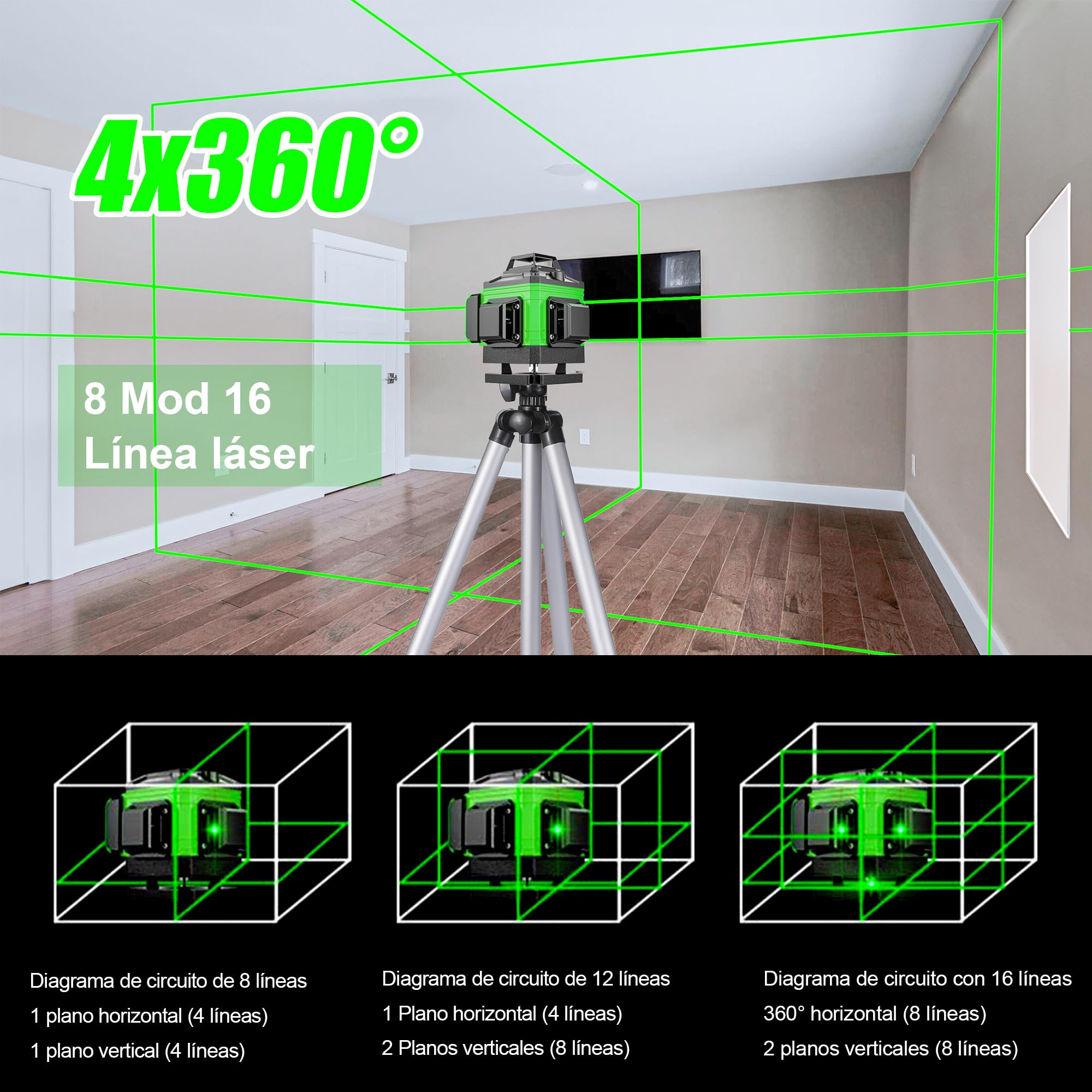 Nivel Laser Autonivelante 4 X 360°, Nivel Láser con Trípode, Laser Nivel Verde 4D 16 Líneas con 2 Baterías de 2400mAh, Base Magnético, Bolsa Portátil, IP54 Impermeable, para Interior y Obra (Verde)