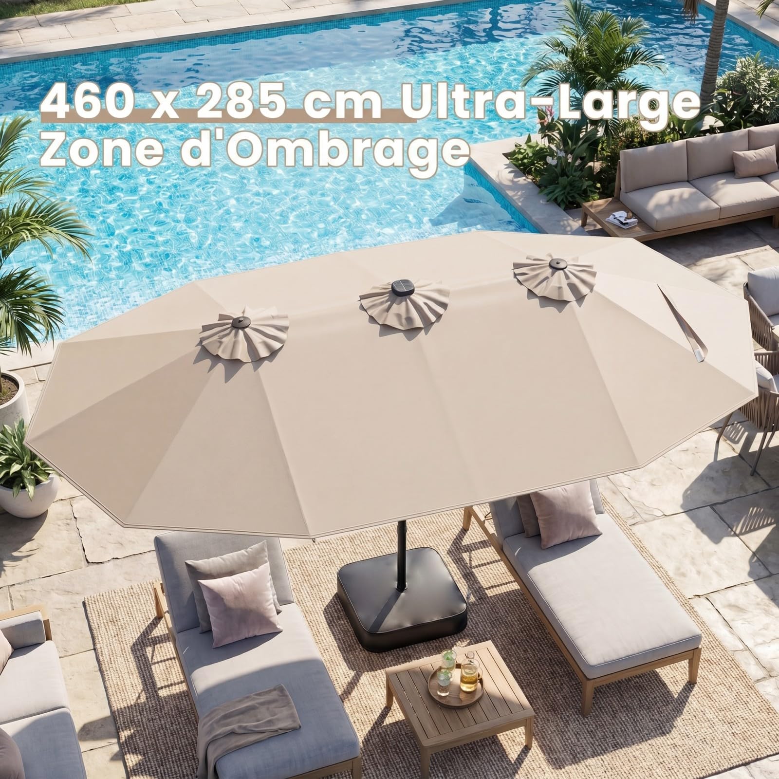 COSTWAY Parasol de Jardin Exterieur Double 4,6 x 2,85 M avec Base Lestée, Grand Parasol Rectangulaire avec 48 LED Solaires, Manivelle, Protection Solaire UV, pour Terrasse, Piscine, Gîte (Beige)