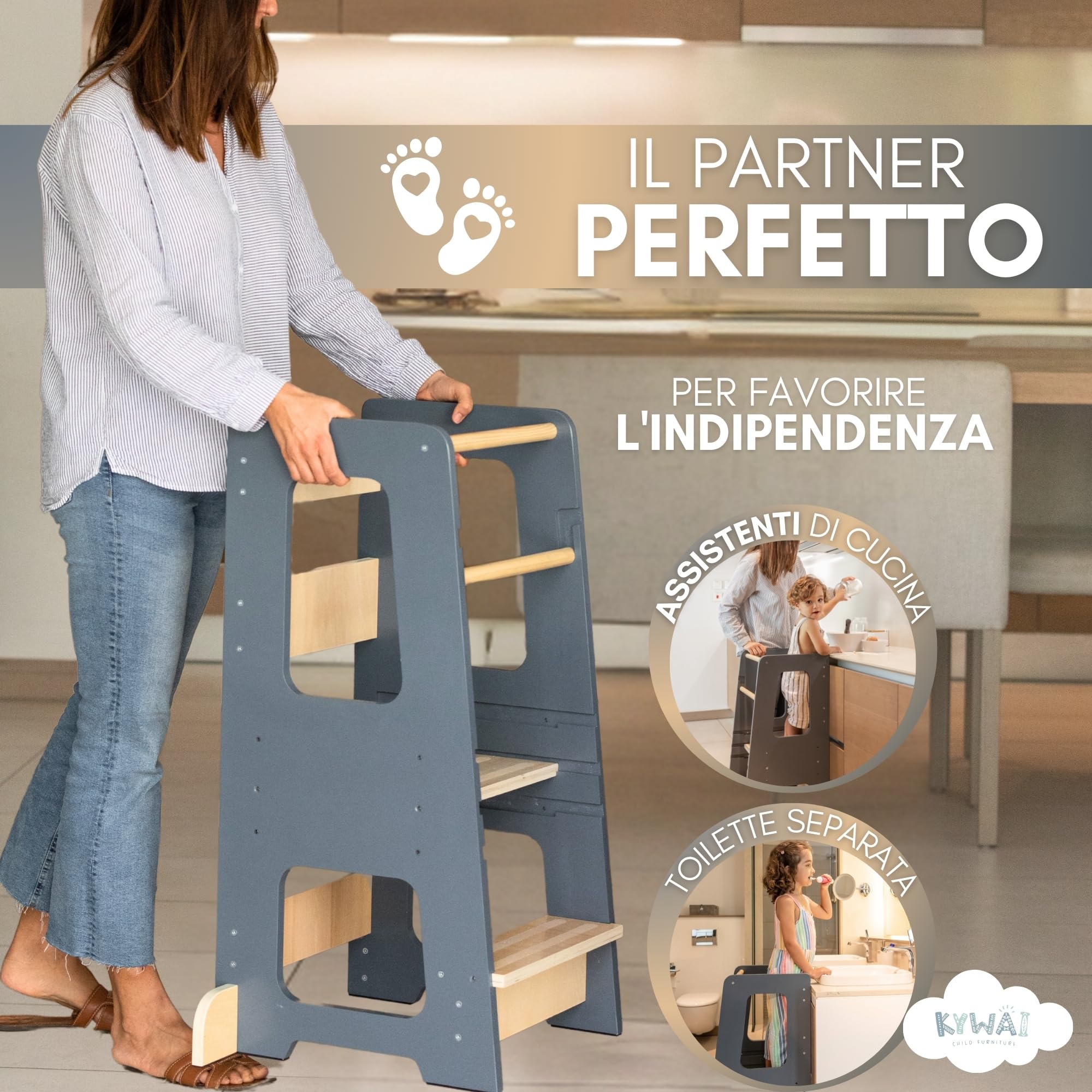 KYWAI ® Torre Montessoriana bambini in Legno - Torretta Montessoriana - Torre Montessori - Scaletta Bambini - Learning Tower - Scaletta Montessori per bambini (Grigio)