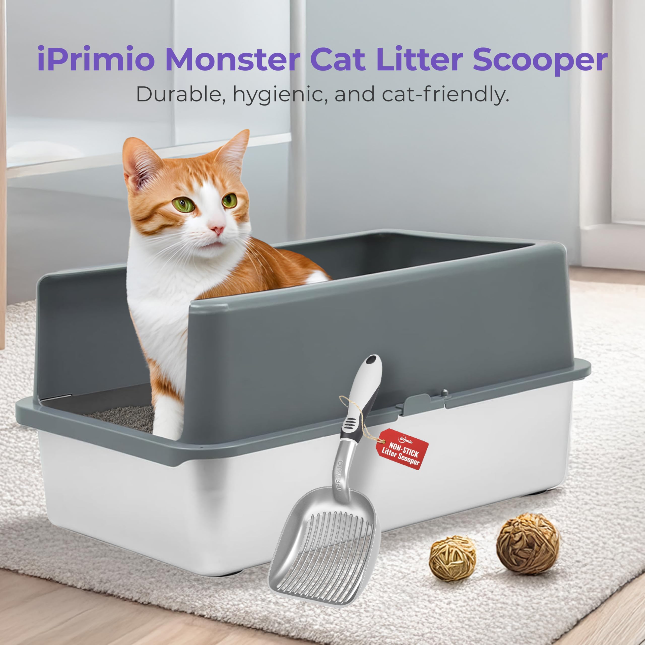 iPrimio Cat Litter Scooper Deep Shovel with Holder - (Silver XL) - Non-Stick Pooper Scooper Shovel Kitty Litter Sifter - Patented Solid Aluminum Poop Scoopers with Long Handle, Easy Grip, Pet Supplies - image 2