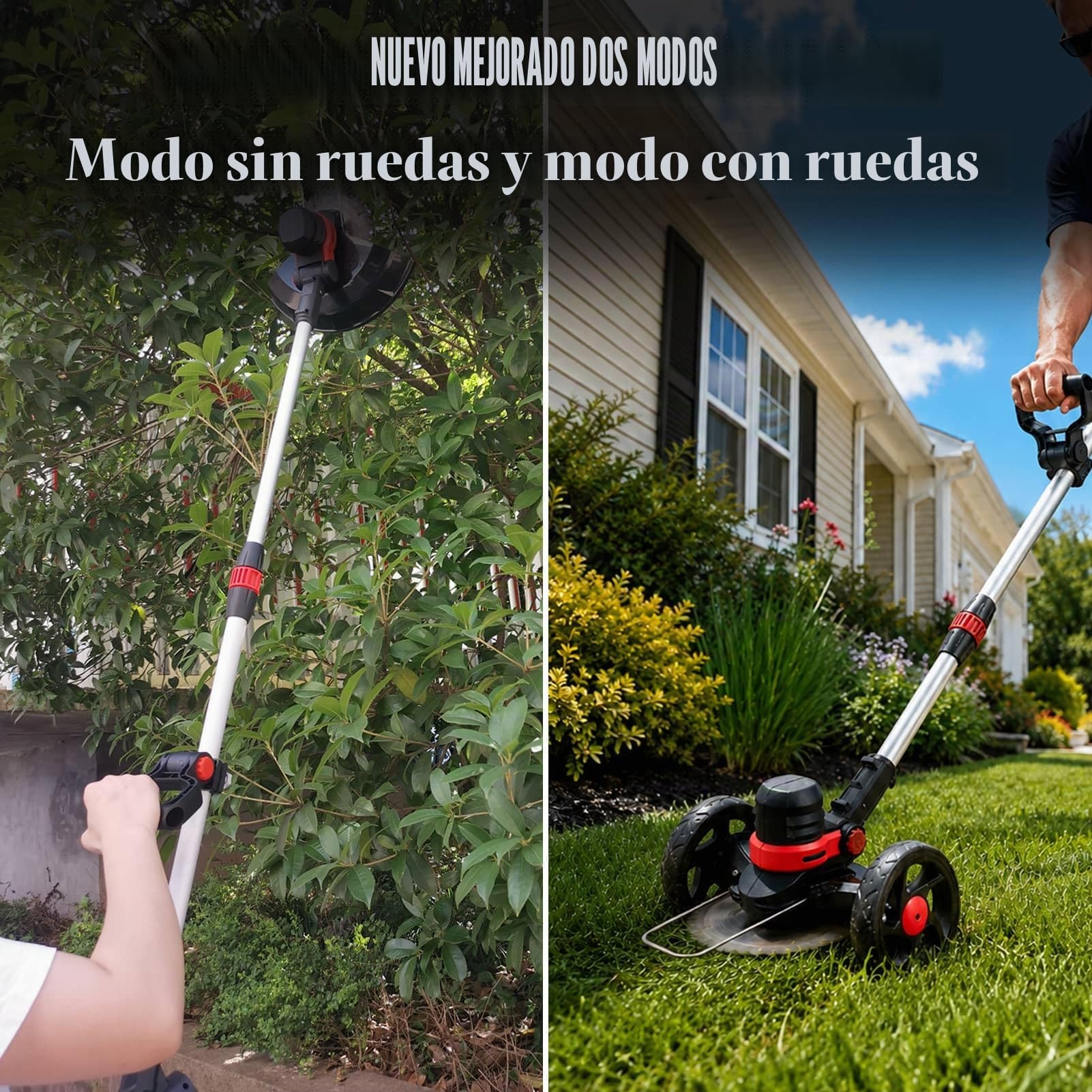 Desbrozadora Bateria 24V BRUSHLESS Desbrozadora con Cepillo de Malezas, Cepillo de Malezas, 2 Baterías 4,0Ah, Corte Φ30cm, Ruedas, 4 en 1 Multifuncion Cortabordes Bateria, Cortacesped