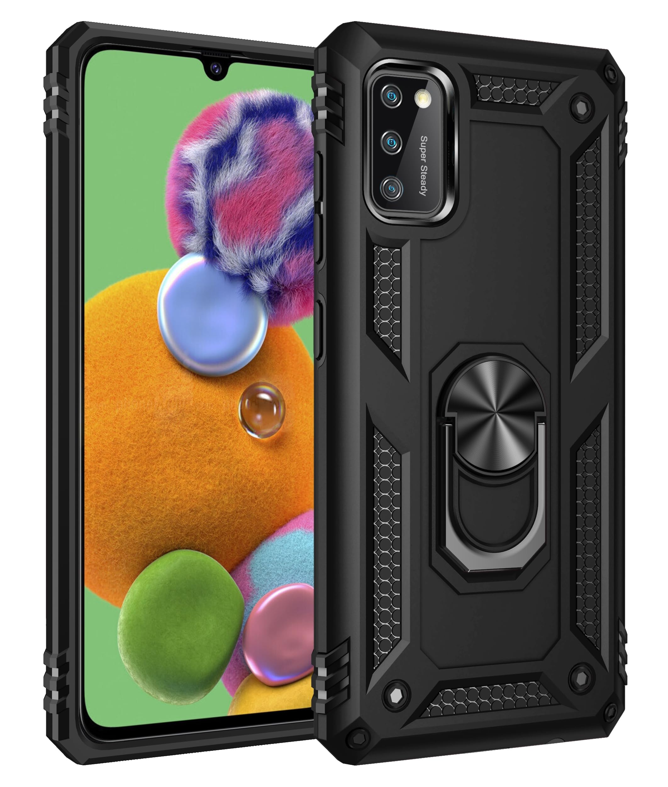 SORAKA Case for Samsung Galaxy A41 with 360 Degree Rotation Ring Holder Soft TPU Slim Fit Case Samsung Galaxy A41 Case with Metal Plate for Magnetic Car Phone Holder Black