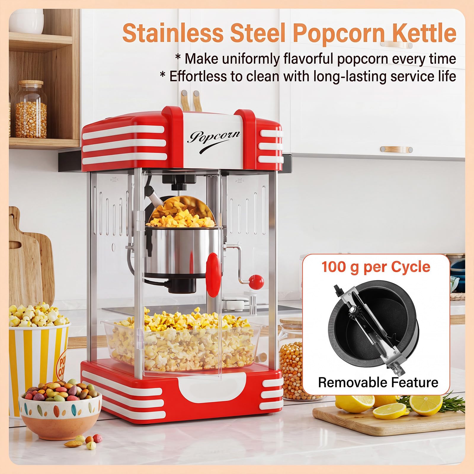 GIANTEX Palomitero Eléctrico, 300 W Máquina de Palomitas de Maíz con Olla de Acero Inoxidable Extraíble, Bandeja de Servicio, Luz Interior, Palomitera de Mesa con Diseño Retro para Fiestas Cine Hogar