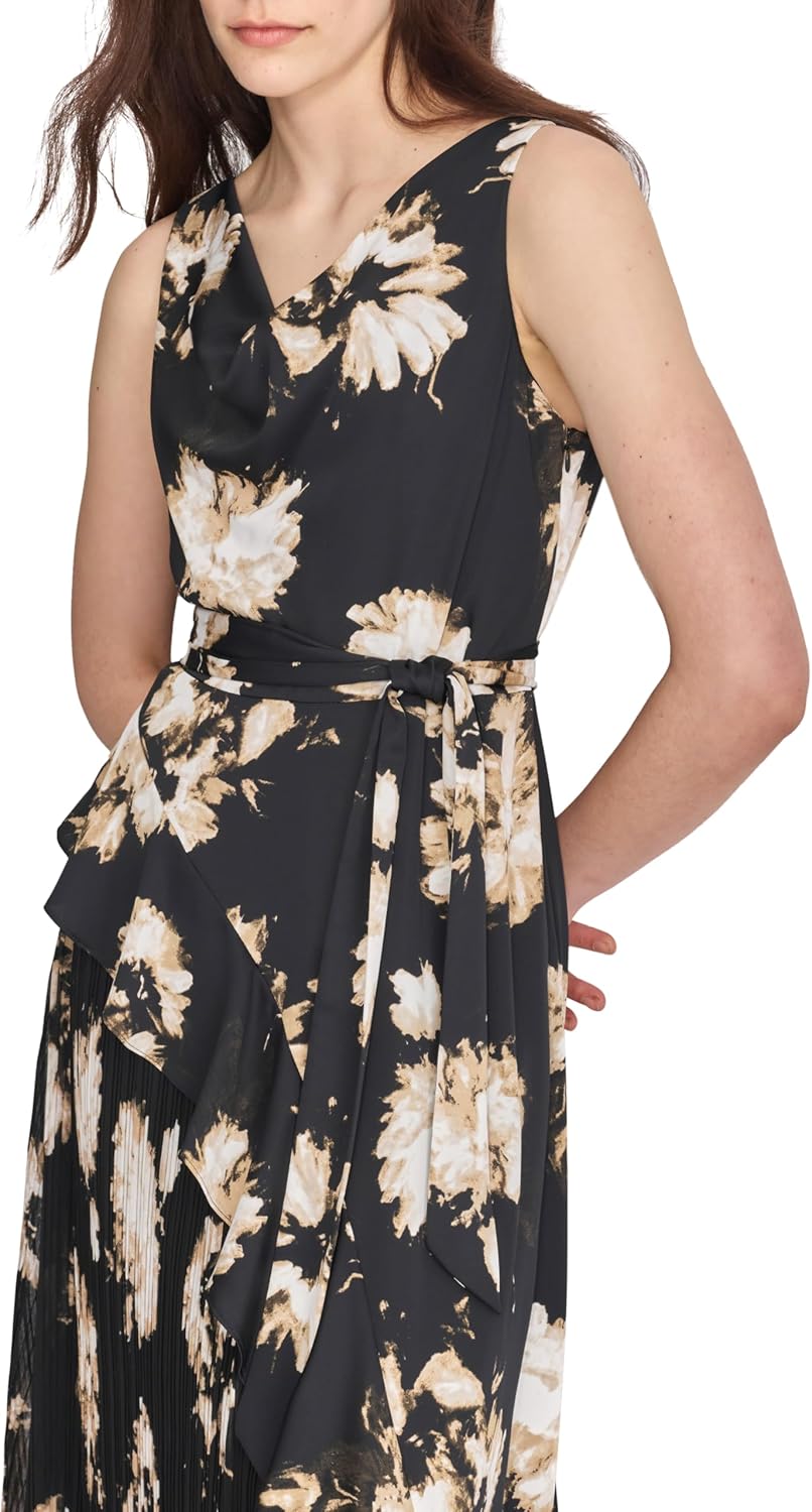 DKNY Womens Sleeveless Cowl Neck Pleated Skirt Midi Dress with Removable Belt - Image 2