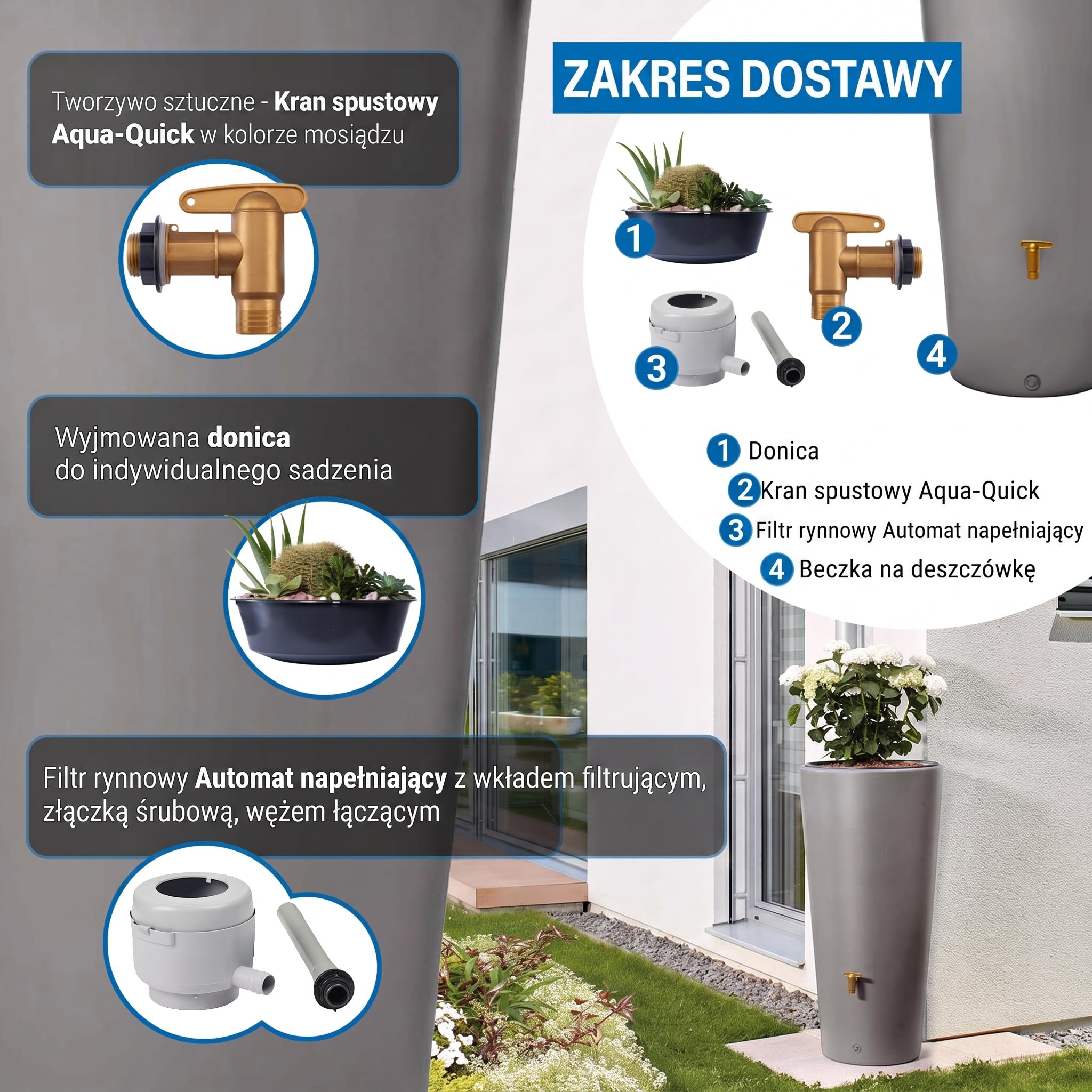 4rain VASO 2w1 zbiornik na deszczówkę 220 l, szary cynkowy, z kranem | spustowym z tworzywa sztucznego i przyłączem do rury spustowej