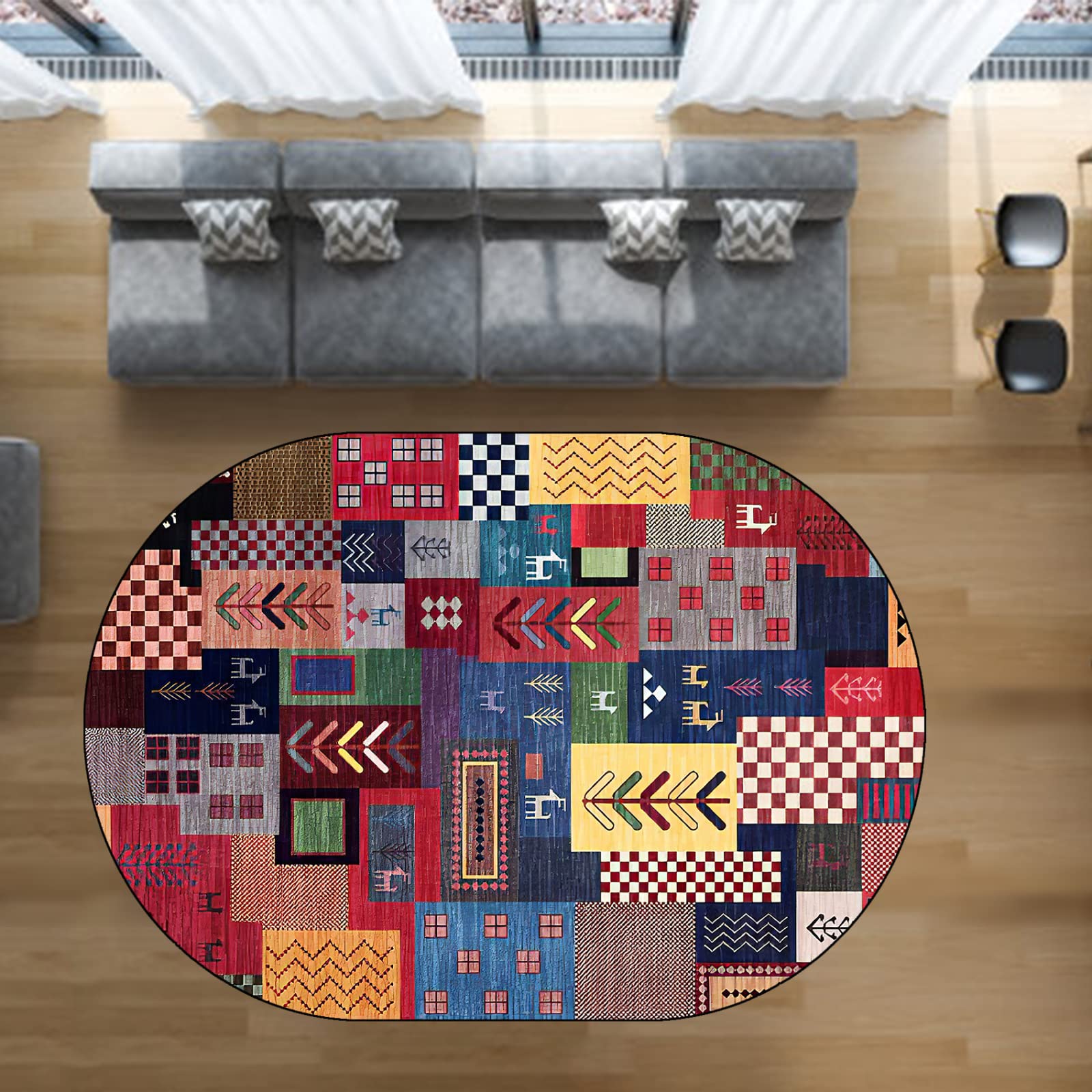 Dywan w stylu vintage, patchworkowy, motyw-1, owalny, 200 x 300 cm, bardzo duży dom, salon, sypialnia, biuro, sala konferencyjna, klasa