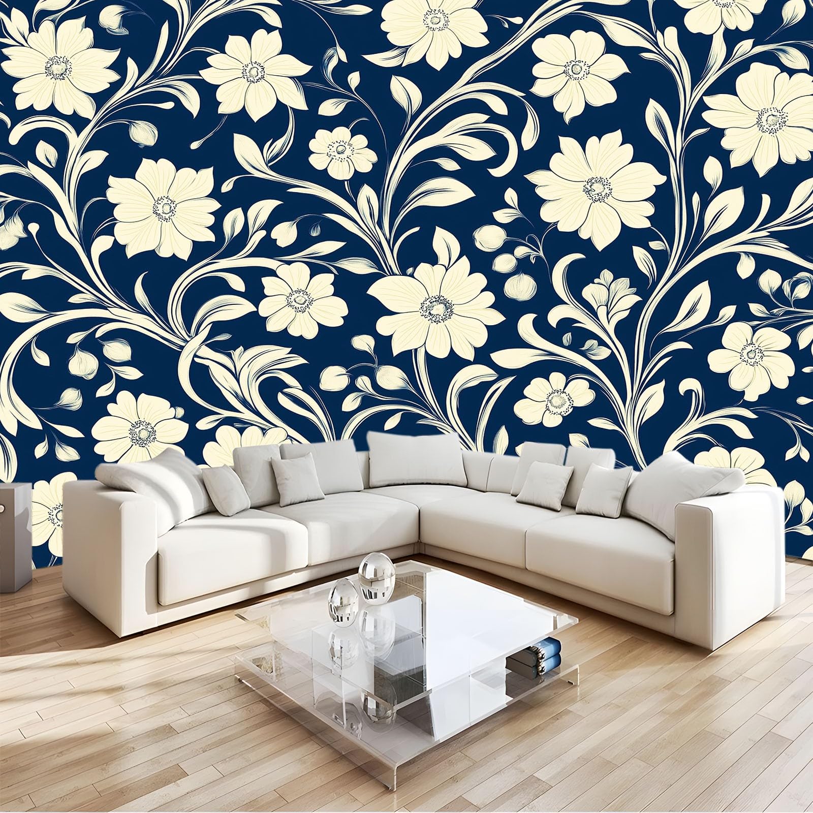 Tapeta ścienna w stylu retro, liście roślin pnących, fototapeta, granatowa, tapeta ścienna, 250 x 175 cm (szer. x wys.), dekoracja ścienna, tapeta ścienna, dekoracja ścienna, tapeta do salonu