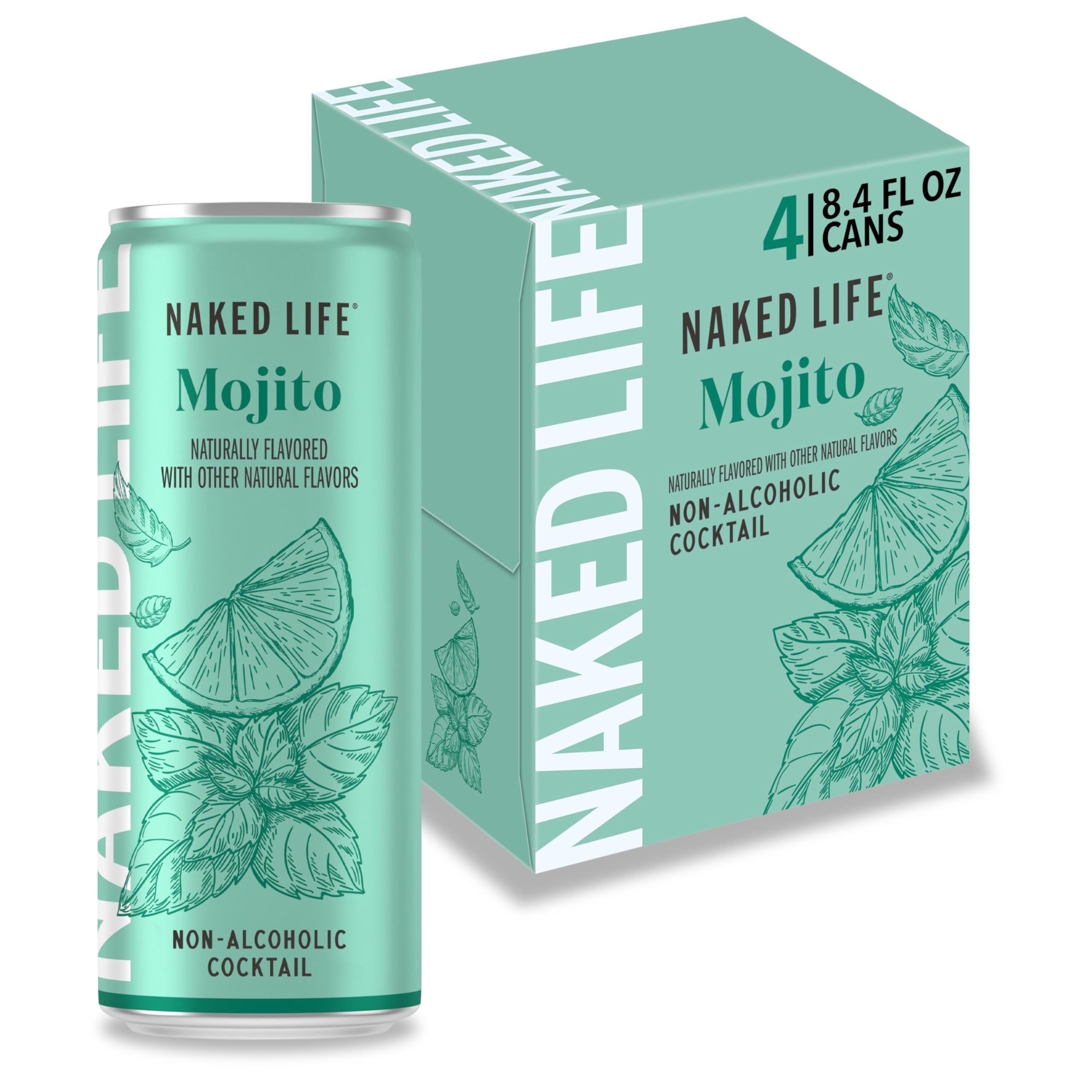 Naked Life Non-Alcoholic Drinks, Mojito, Zero Sugar, Low Calorie, Alcohol-Free Cocktails 4 pack, 8.4 fl oz cans