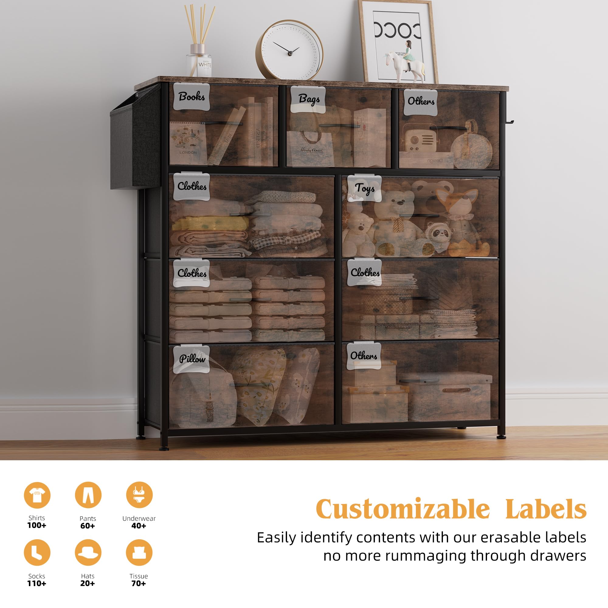Cajonera de Tela - Cómoda Organizador de Lona con 9 Cajones Grandes, Tarjetas de Etiqueta, Bolsillo Lateral y Gancho, para Sala de Estar, Pasillo, Dormitorio