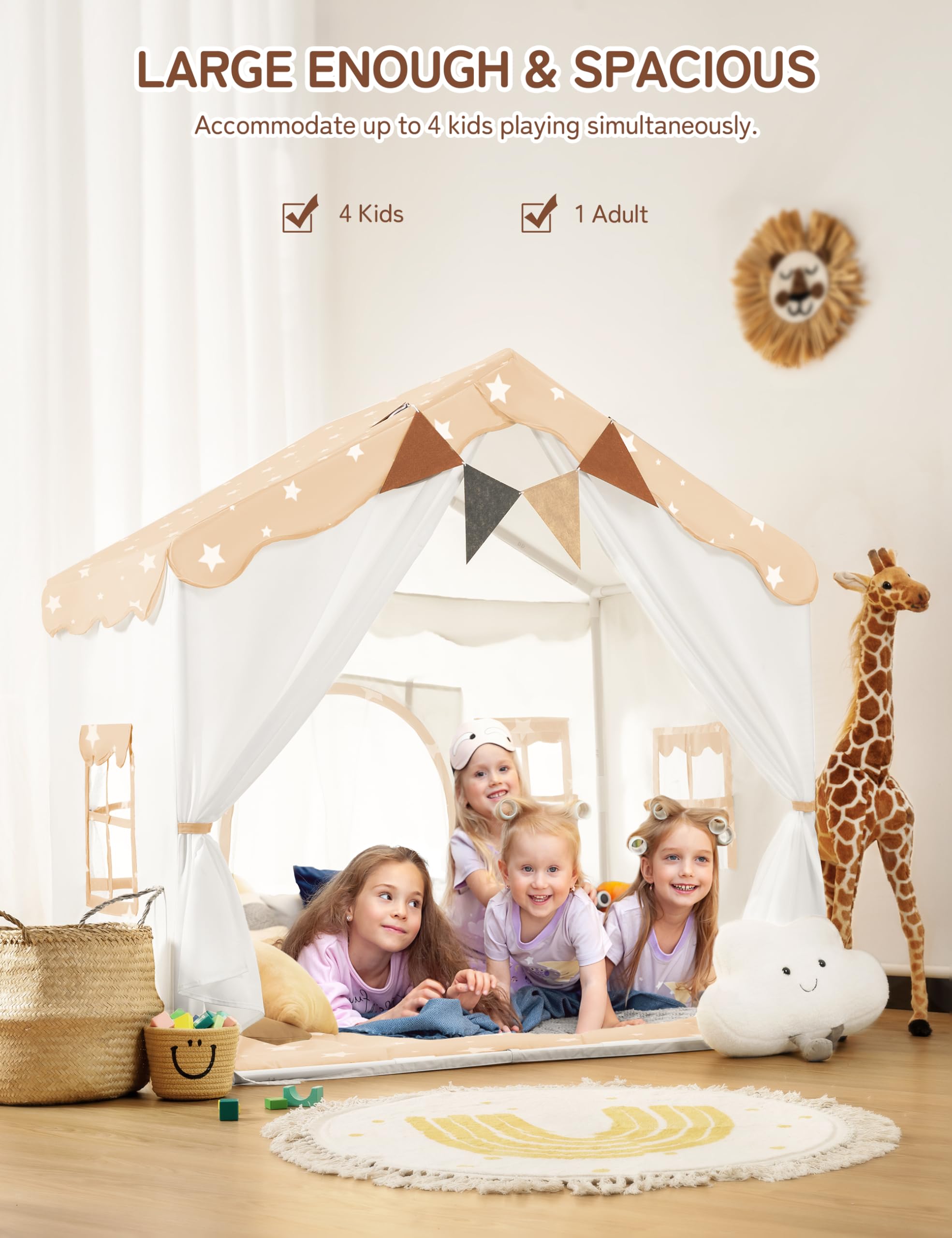 besrey 2 IN 1 Kinderzelt, Kinder Spielhaus Indoor mit Matte und Lichtern, Kinder Bettzelt,Spielzelt für Drinnen,Prinzessin Zelt, Kinderspielhaus, ab 3 Jahre mit Sternenmuster