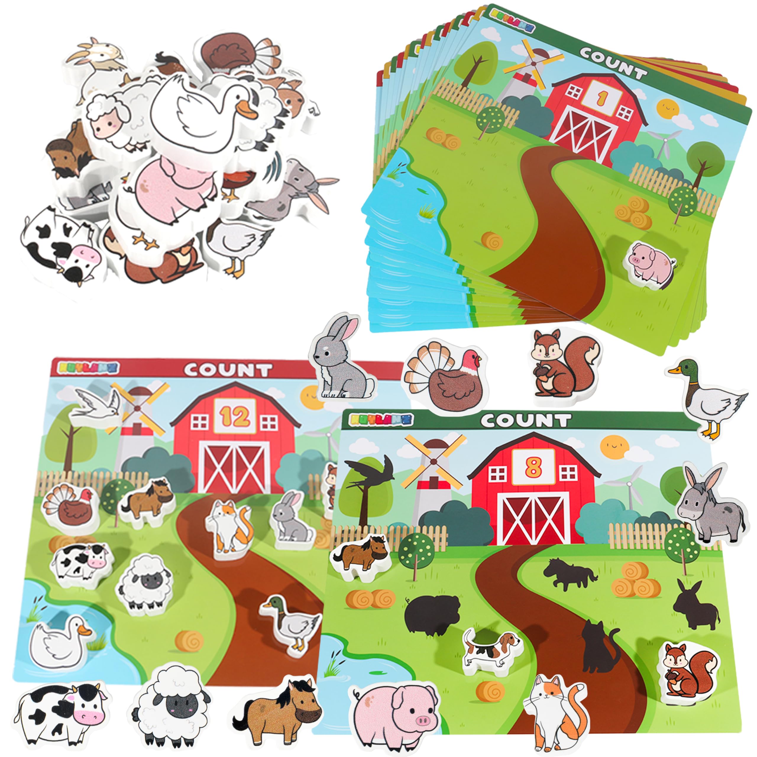 Farm Animal Math Counting Activities Toy, Wooden Montessori Learning Number Matching Shadow Color Sorting Game Set Fine Motor Skill Preschool Educational Centers School Home for Kids 3-5 Year Old