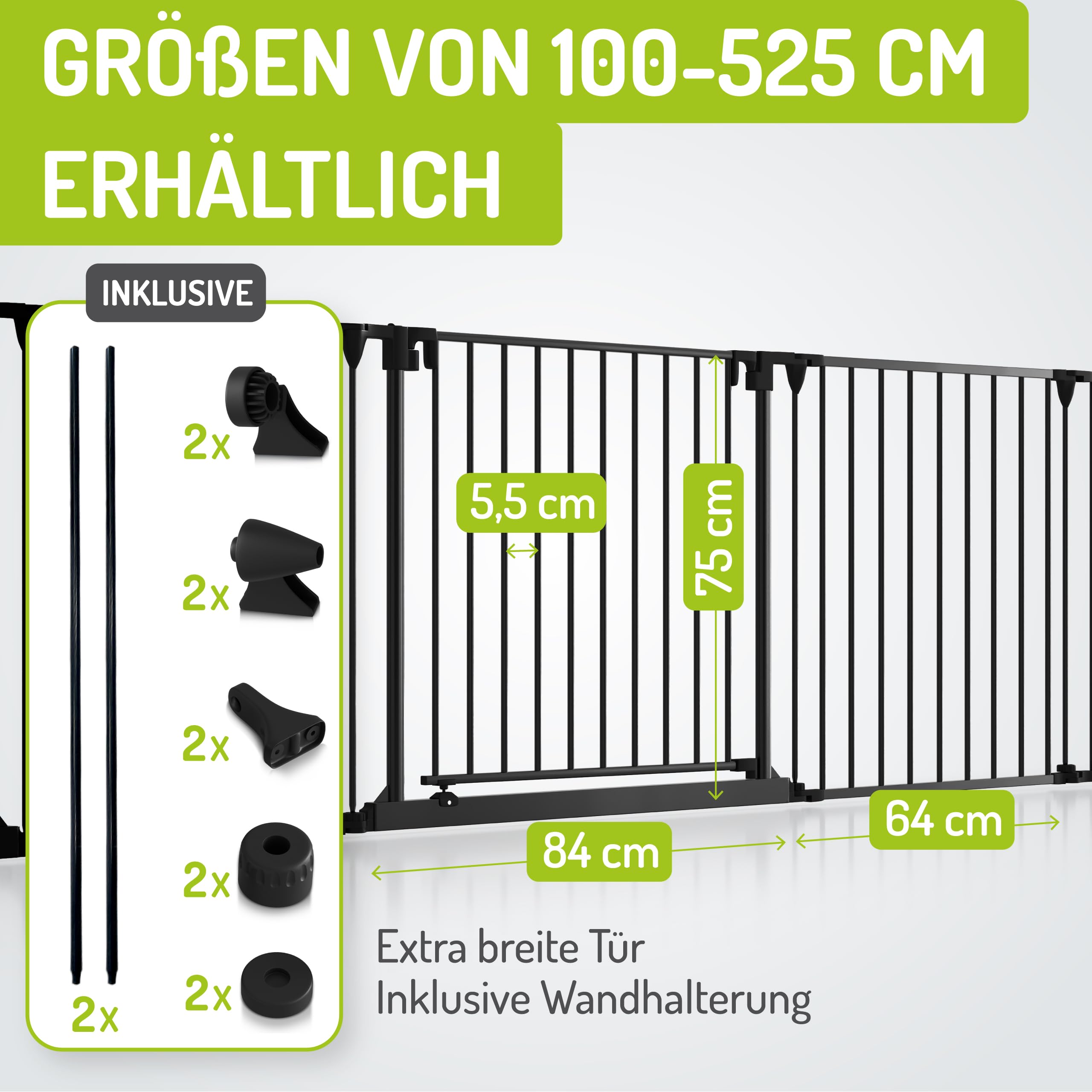 BOMI Treppenschutzgitter Milo bis 525 cm | Extrabreite Tür: 75 cm Durchgang | 90° Stop | Schließt automatisch | Über 500cm in Schwarz | Treppenschutzgitter Türgitter Klemmgitter