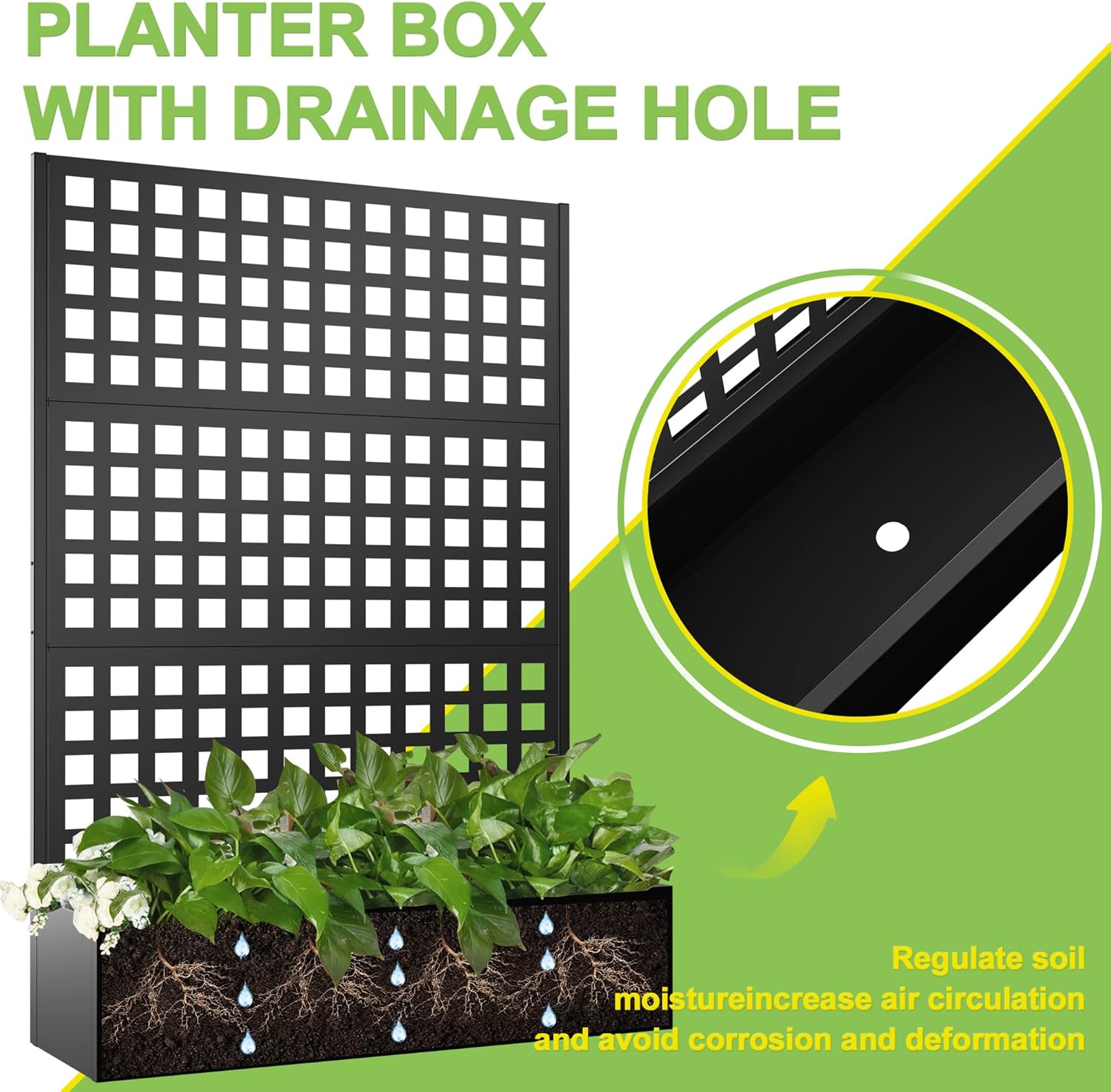 Elevens Metal Planter with Trellis, Trellis with Planter Box & Privacy Screen, Outdoor Raised Garden Bed for Climbing Plants, Trellis Planter Box with Drainage Hole (71"x47"x16")