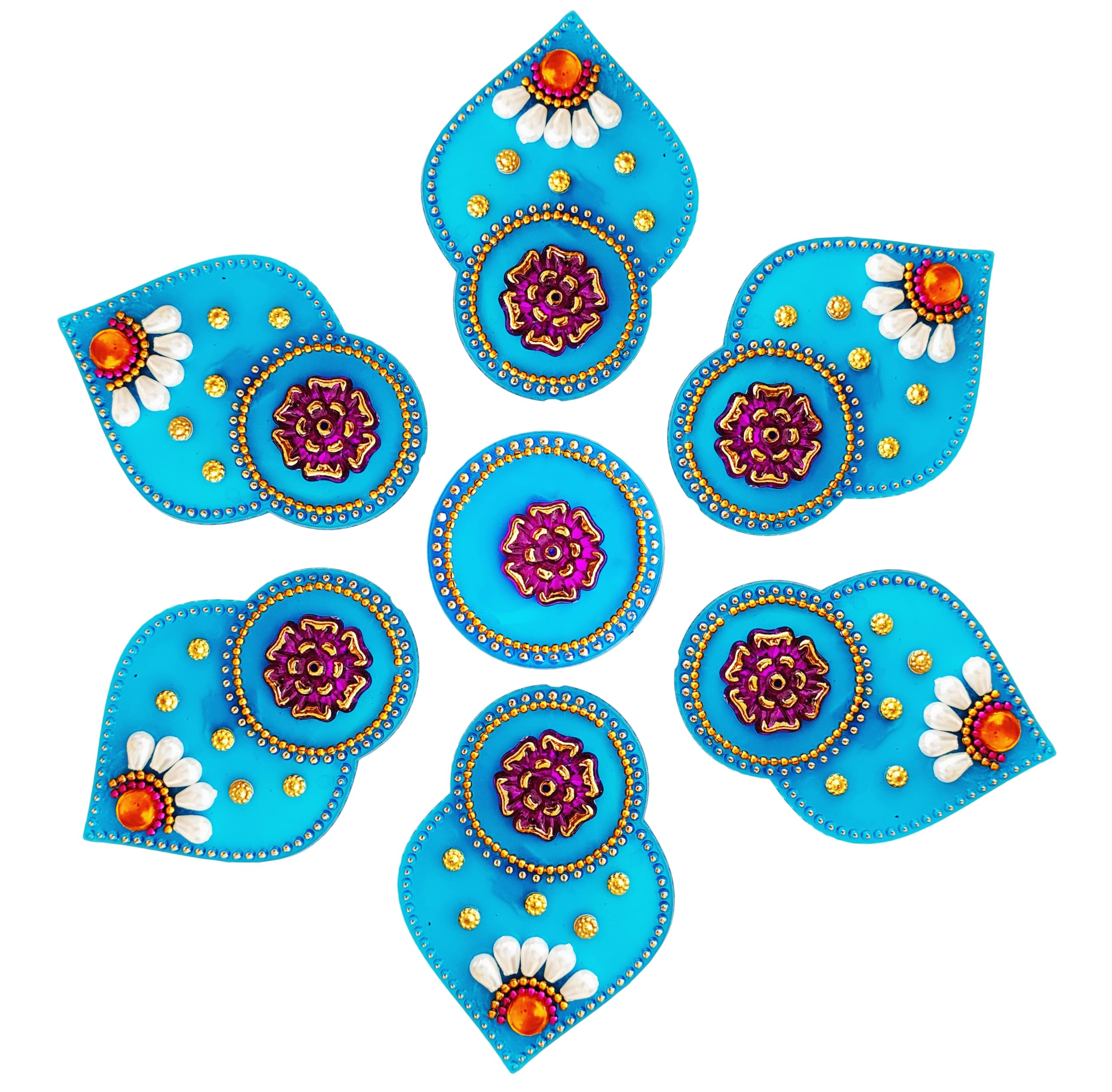 Acrylic Cyan Blue Rangoli Floor Decorations Table Decoration Studded Stones Sequins Traditional Festive Home Door Decor | 7 X7 Inch