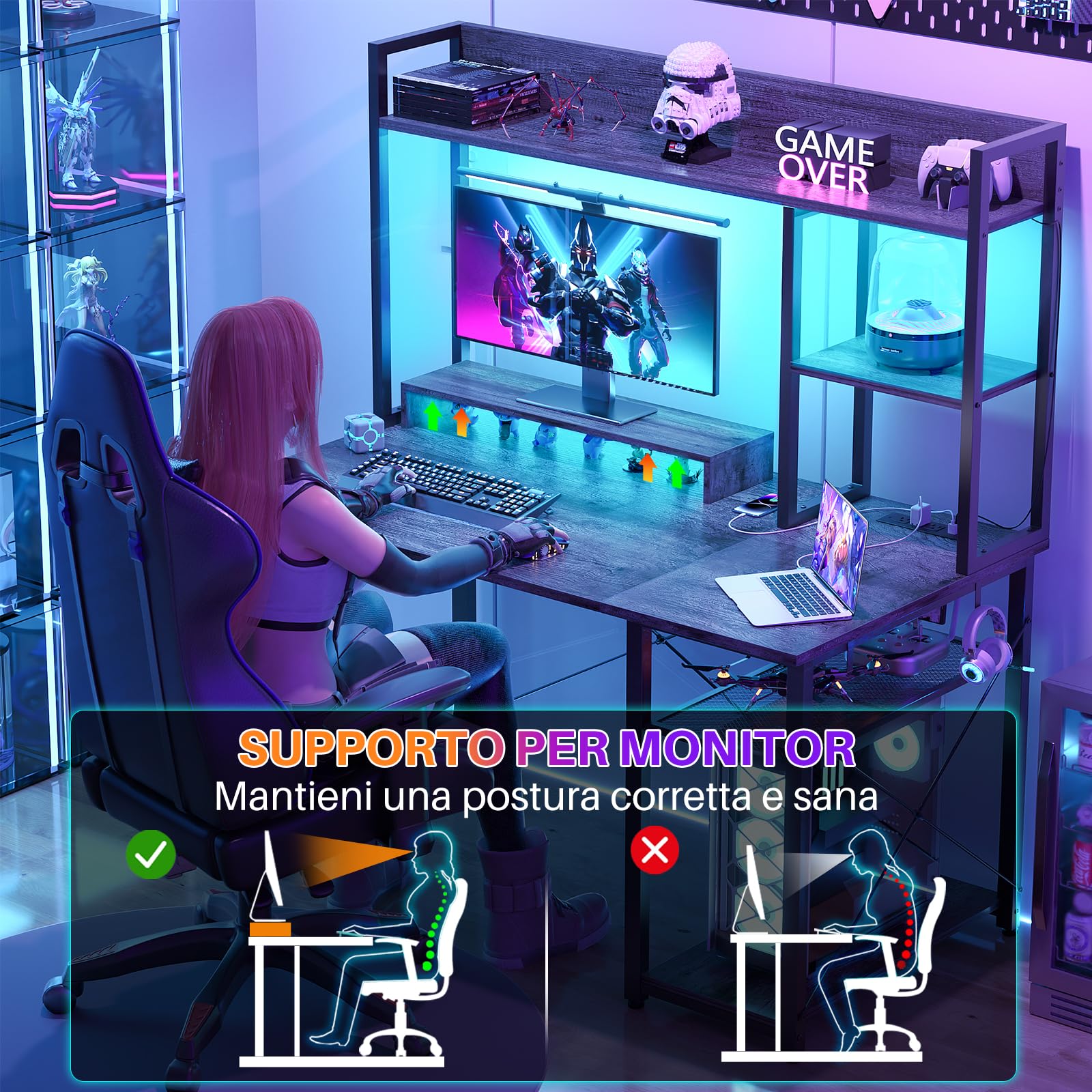 iSunirm Scrivania Gaming con Supporto per Monitor e Ripiano di Stoccaggio,Scrivania Computer con 2 Prese e 2 Porte USB,Scrivanie Moderne per Ufficio e Studio,100x50x75cm,Grigio