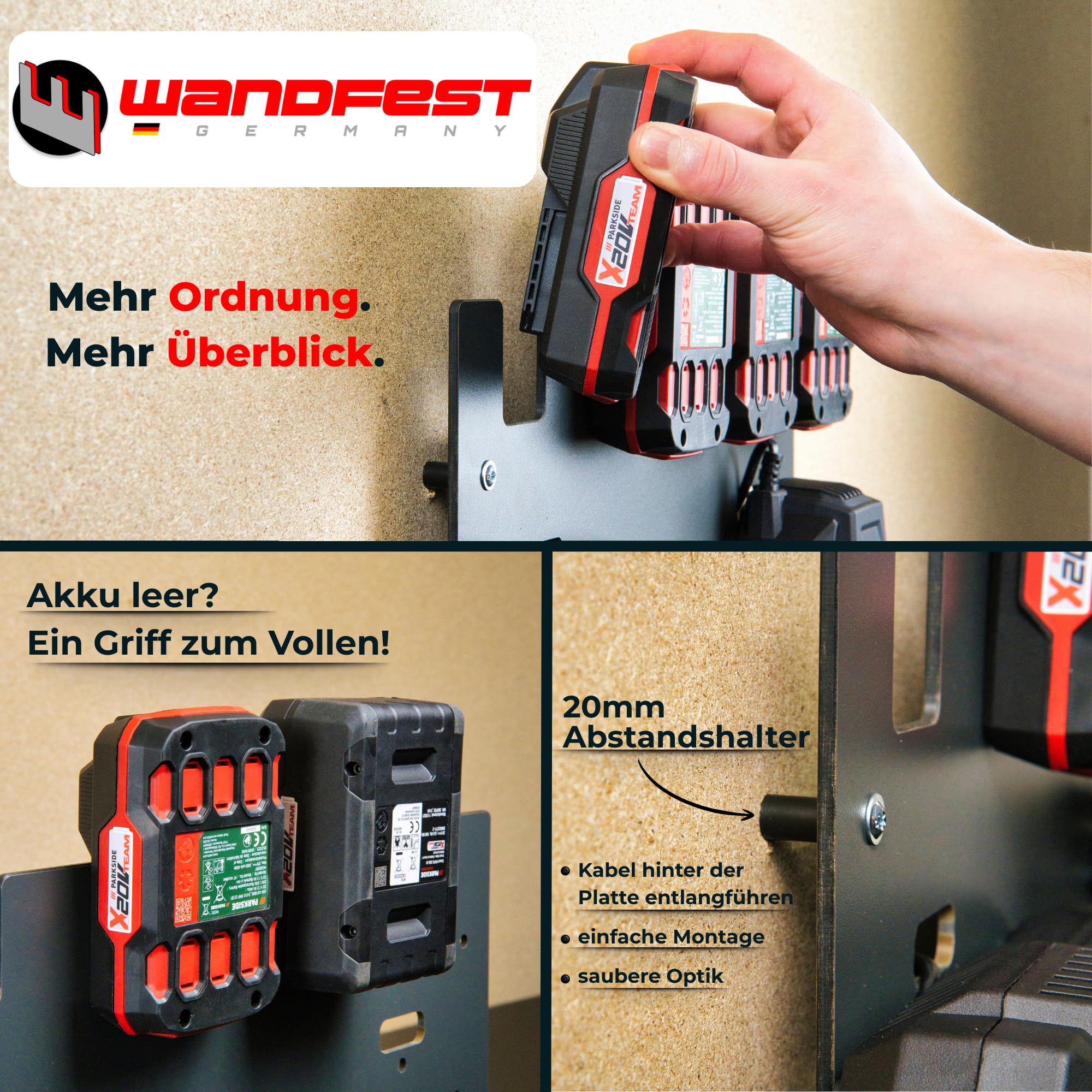 Wandfest® Supporto da parete per batterie e caricabatterie Parkside, con materiale di fissaggio [Made in Austria], supporto per batteria per 1-4 batterie, ora più ordine in officina e garage