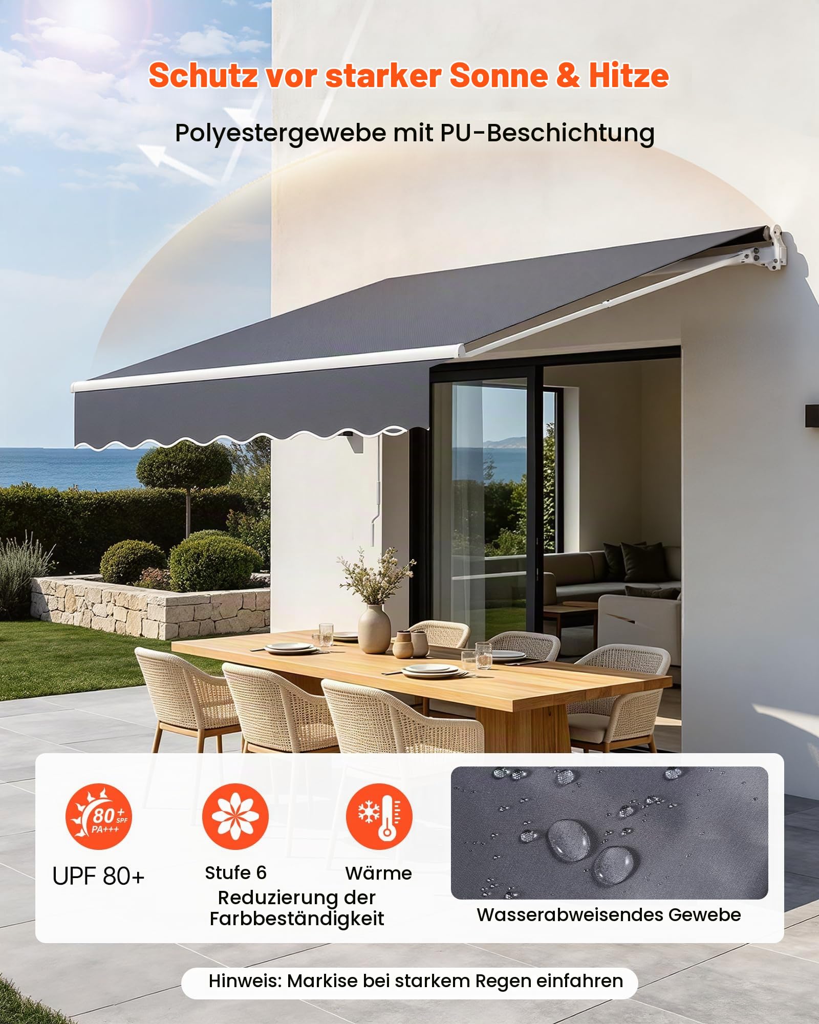 VEVOR Gelenkarmmarkise 3x2,5 m, Einziehbare Markise mit Handkurbel, Terrassenmarkise UPF 80+ Sonnenschutz, Sonnenmarkise, Balkonmarkise für Terrasse, Balkon, Garten & Fenster, Grau