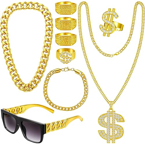 QZYL 80s 90s Accessories Outfit Accessories Hip Hop Costume Kit Faux Gold Rope Chain Bracelet Dollar Sign Chain