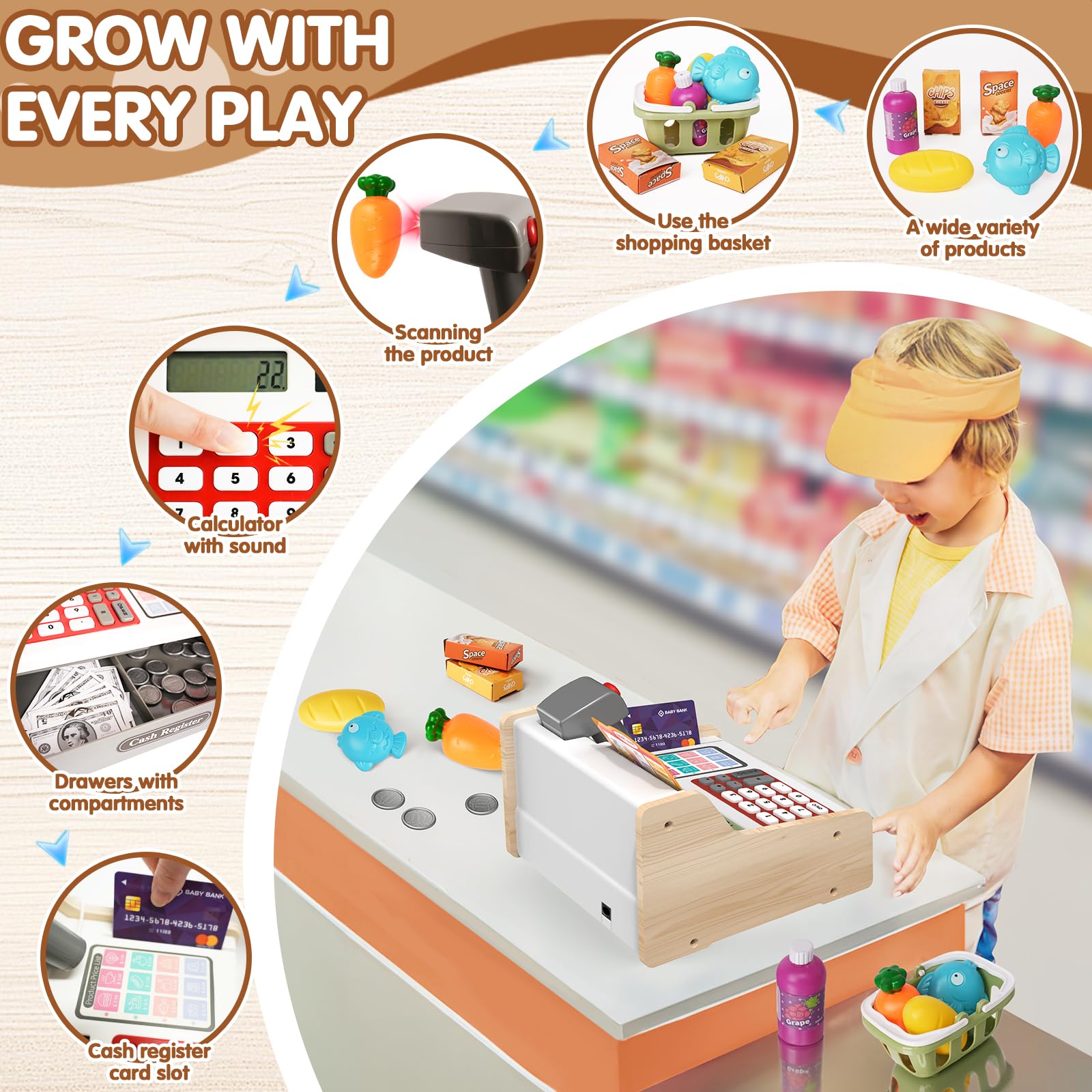 2026 Wooden Cash Register with Scanner Calculator Till Toy for Kids Ages 3+ - Image 3