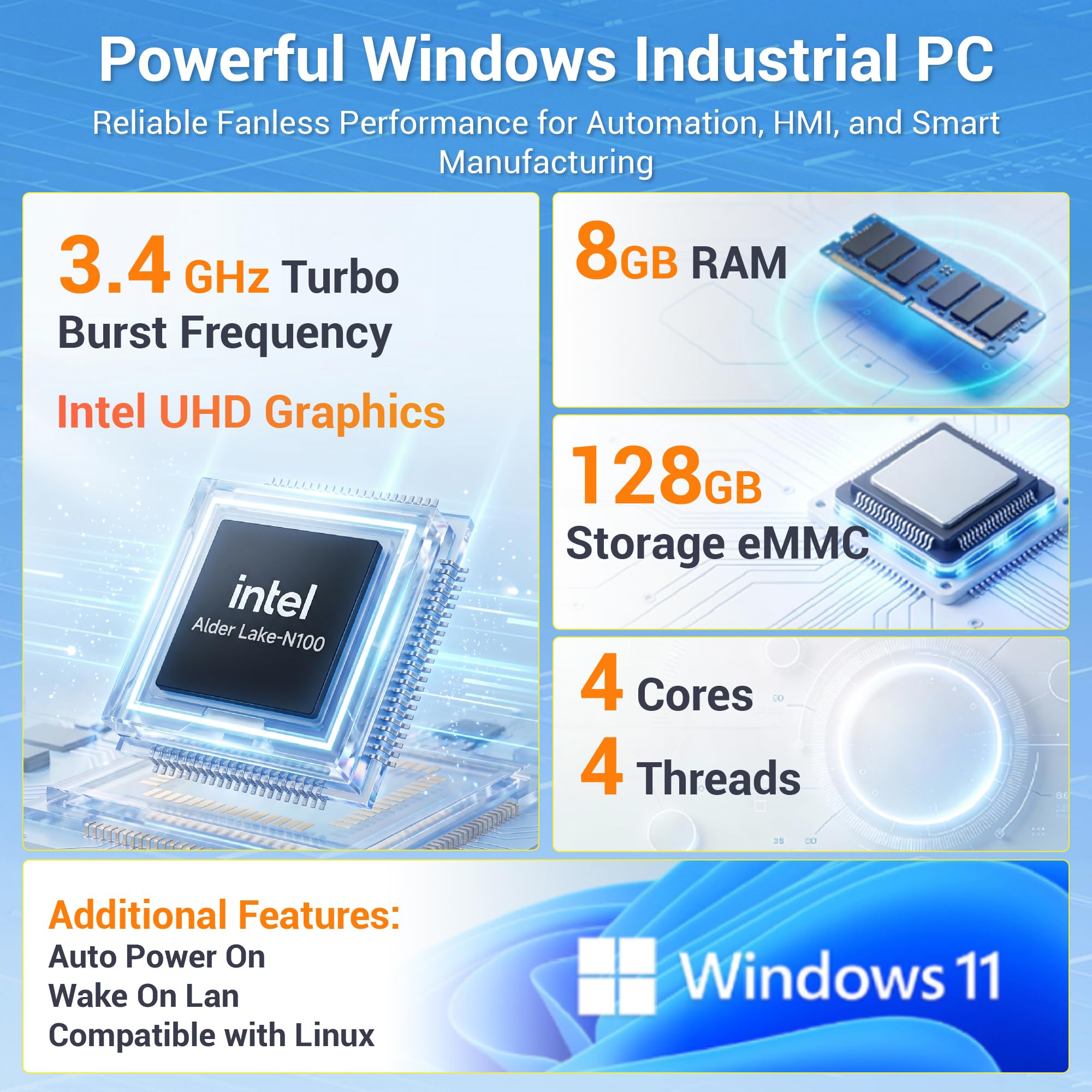 Panel PC-HEIGAOLAPC 18,5" Industrie Touch Panel Computer All in One Win11 Pro, Fanless Embedded Touchscreen Tablet N100, 8GB Ram 128GB Rom, 1920*1080 IPS, HDMI2.0, Type-C3,1, 2*USB3,2, 2*USB2,0, 2*LAN