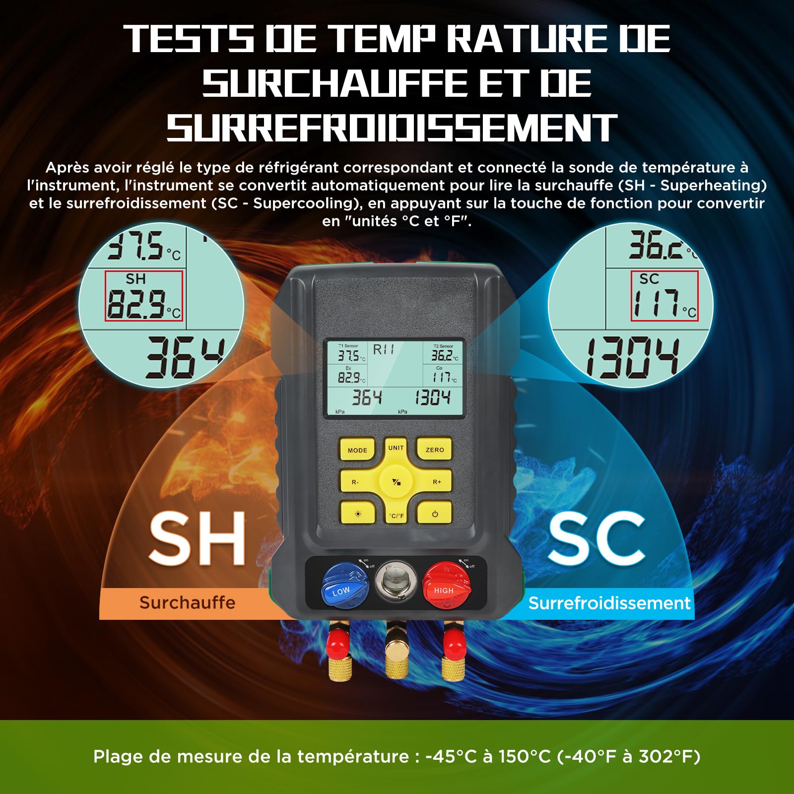 KAISAL Kit de Recharge de Réfrigérant de Climatisation | Base de données de 93 fluides frigorigènes R32 R22 R1234yf R134a R410a Test d'étanchéité sous pression Test de vide