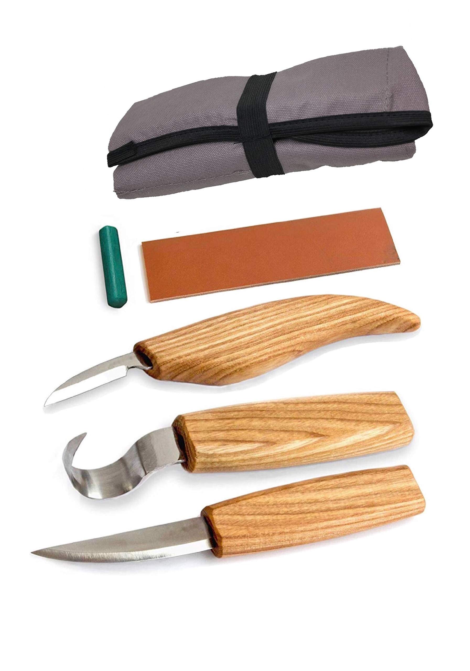 American Crafters Wood Carving Tools Set - Whittling Kuksa Spoon Carving Knife Kit - 3 Knives (5pcs) Hook Chip Sloyd Detail Knife, Polishing Compound and Leather Strop in Tools Roll - For Beginners