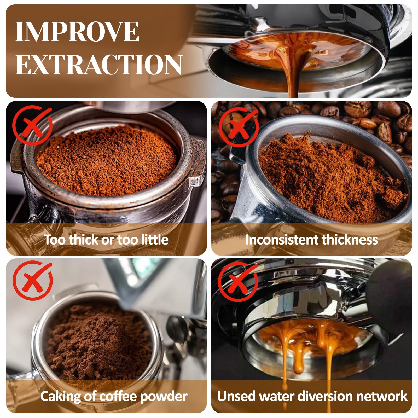 Petyoung Portafiltro Sin Fondo de 51 mm con 3 Orejas, Mango de Madera, Acero Inoxidable, Compatible con DeLonghi EC680/EC685/EC885/EC890, para Máquinas de Café en Casa