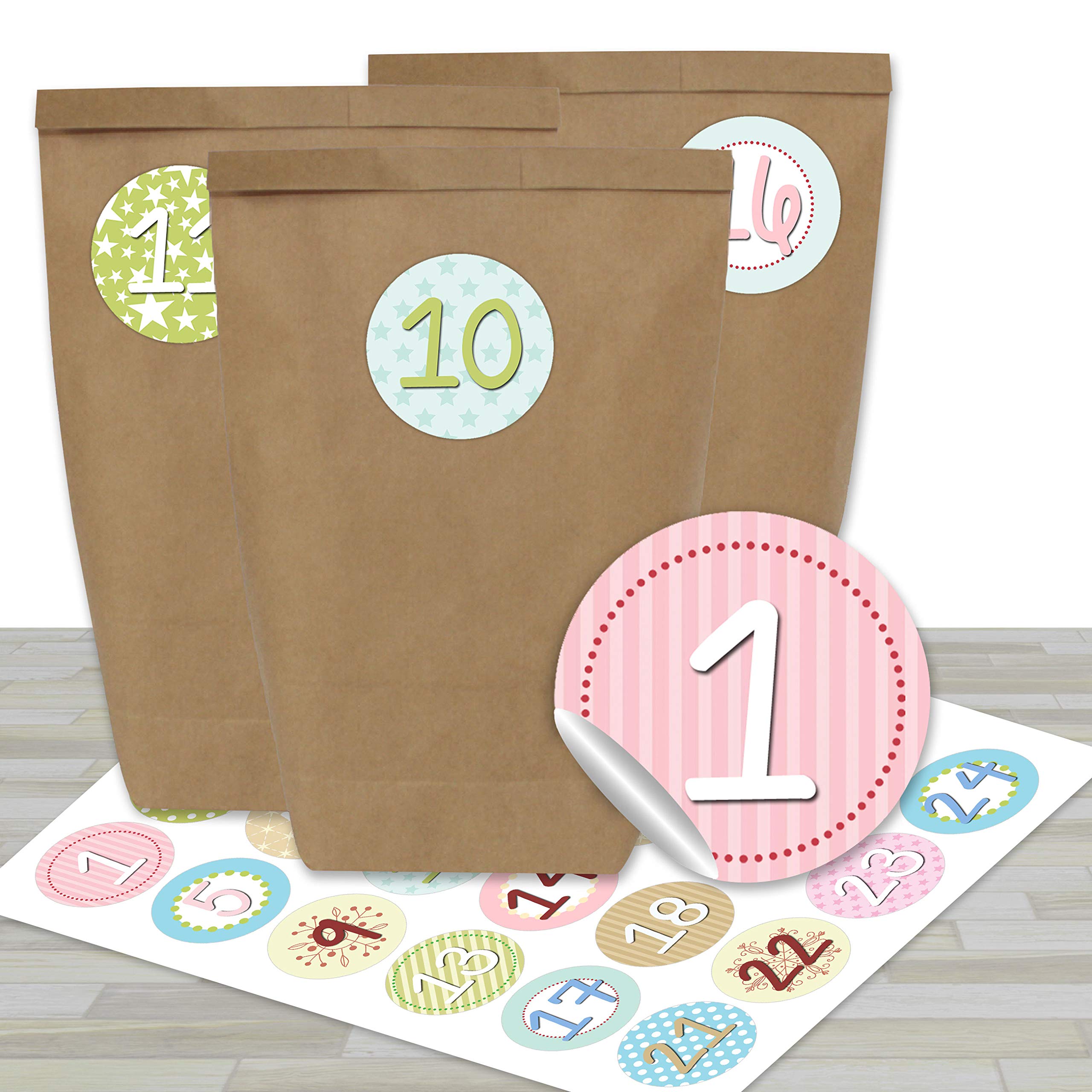 Calendario de Adviento DIY para rellenar - con 24 bolsas de papel marrón y 24 pegatinas rojo-verde - para bricolaje y manualidades - Mini Set Nr 17 - Navidad 2021 para niños — view 7