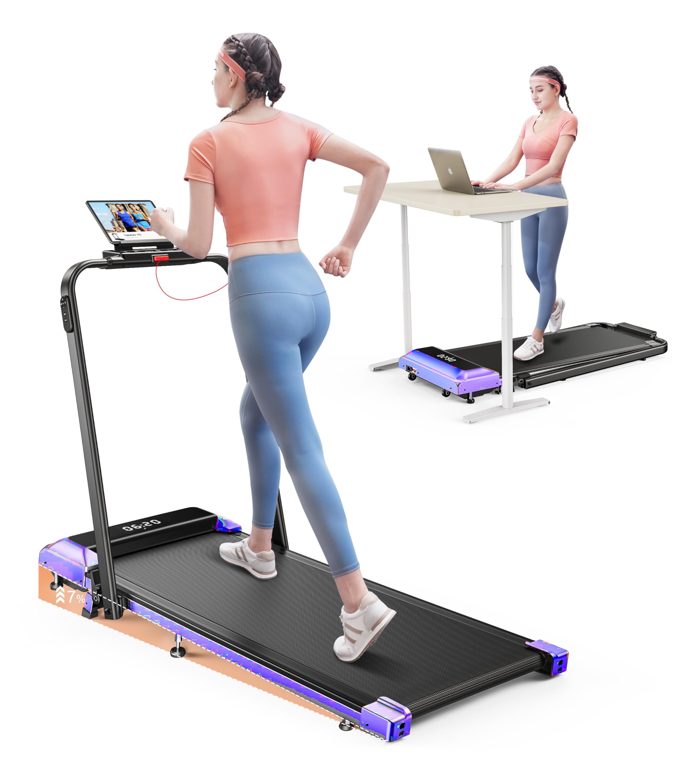 Tapis de Course Électrique Pliant 2 en 1, Walking Pad 12 km/h, Pente 7%, 2.5HP, 40cm, 12 Programmes, APP&Télécommande