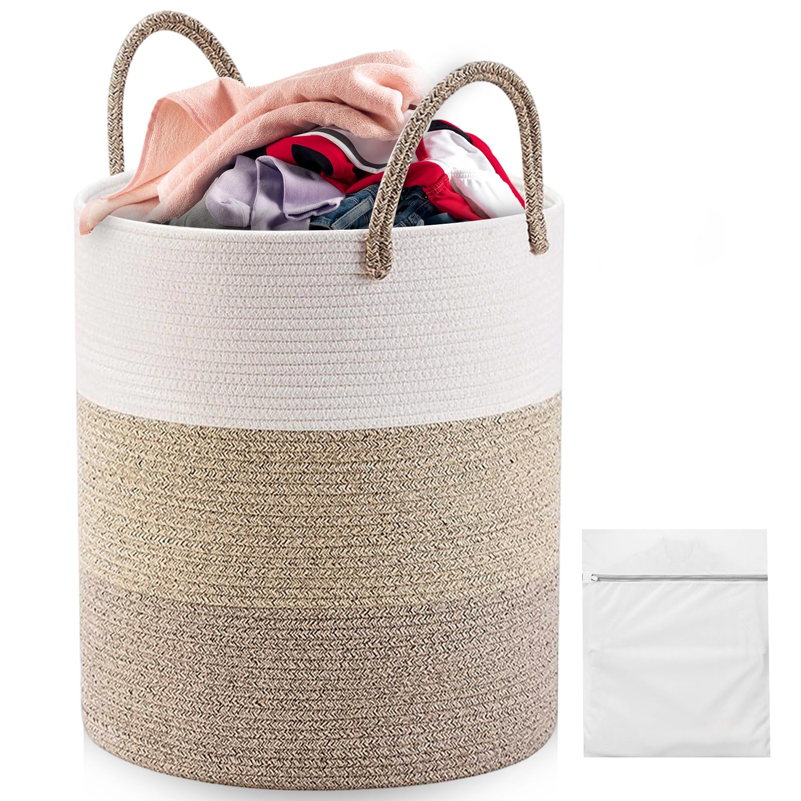 Wäschekorb aus Baumwollseil, 58 l, mit 2 Wäschesäcken, verstärkten Griffen, ideal für Wäsche, Spielzeug und Decken