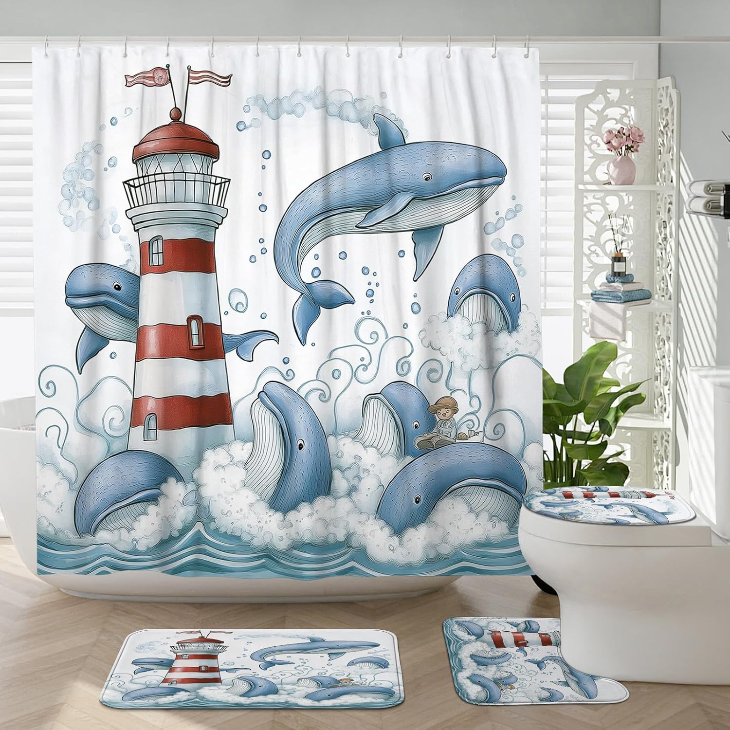 4PCS Kids Fun Whale Bathroom Accessory Sets with Non-Slip Rug, U Shape and Toilet Lid Cover Mat, Nautical Lighthouse Sealife Bathroom Decorative-72''x72''