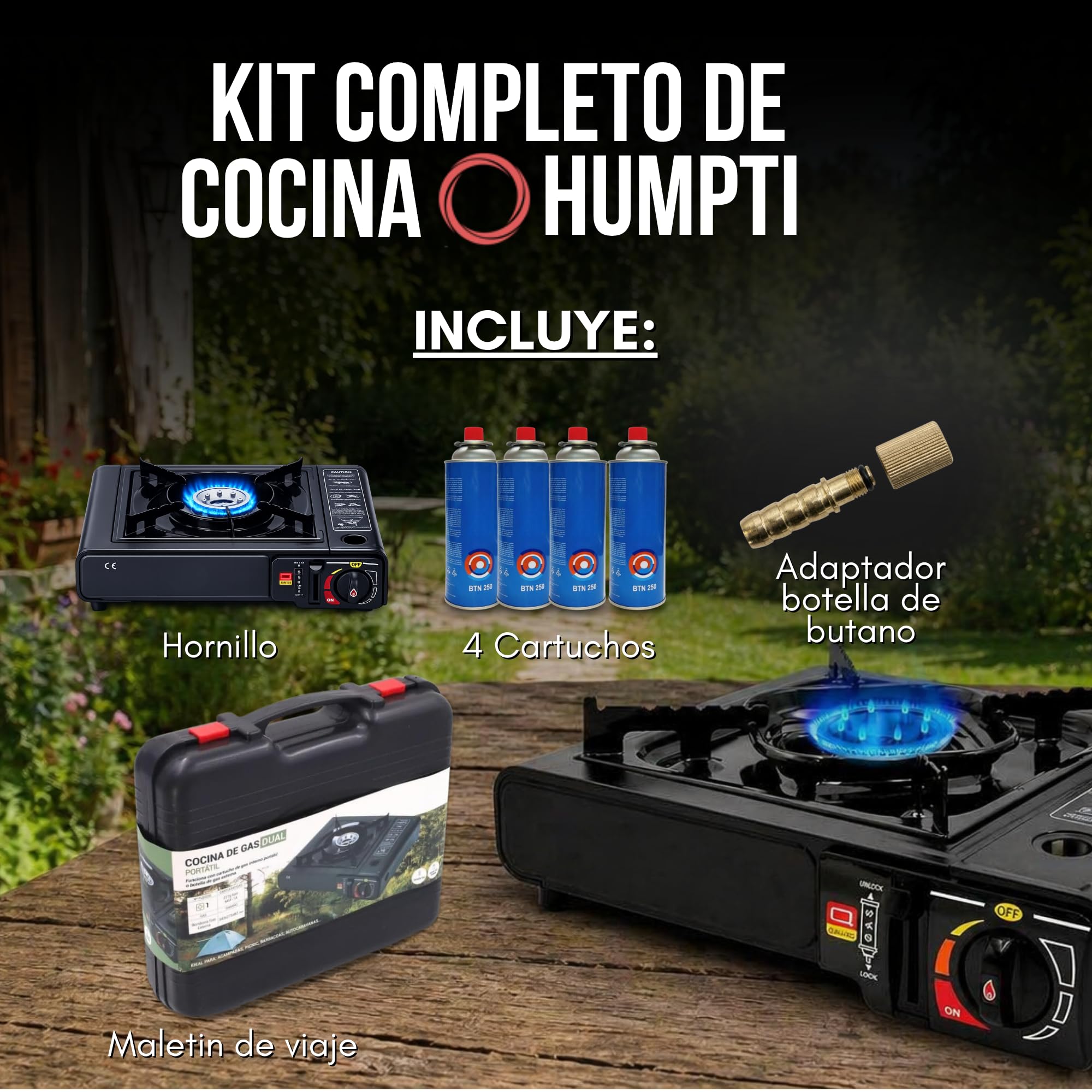 Camping Gas Portatil con adaptador de Bombona + 4 Cartuchos, Pack Hornillo + 4 Cartuchos, Hornillo Camping Gas Portátil, Cocinal, Infernillo, Fogareiro