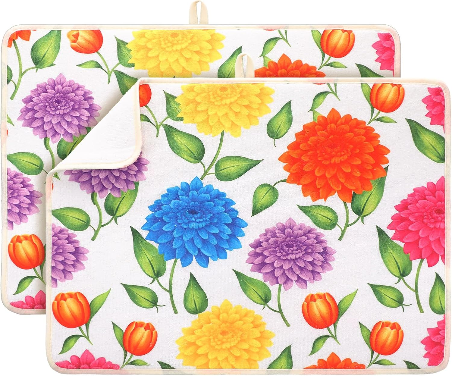 2 Pcs Colorful Dahlia Floral Dish Drying Mat 23.6 x 17.7 Inch Ultra Absorbent Reversible Microfiber Kitchen Countertop Mat for Dishes Cups Hot Pans Kitchen Decor