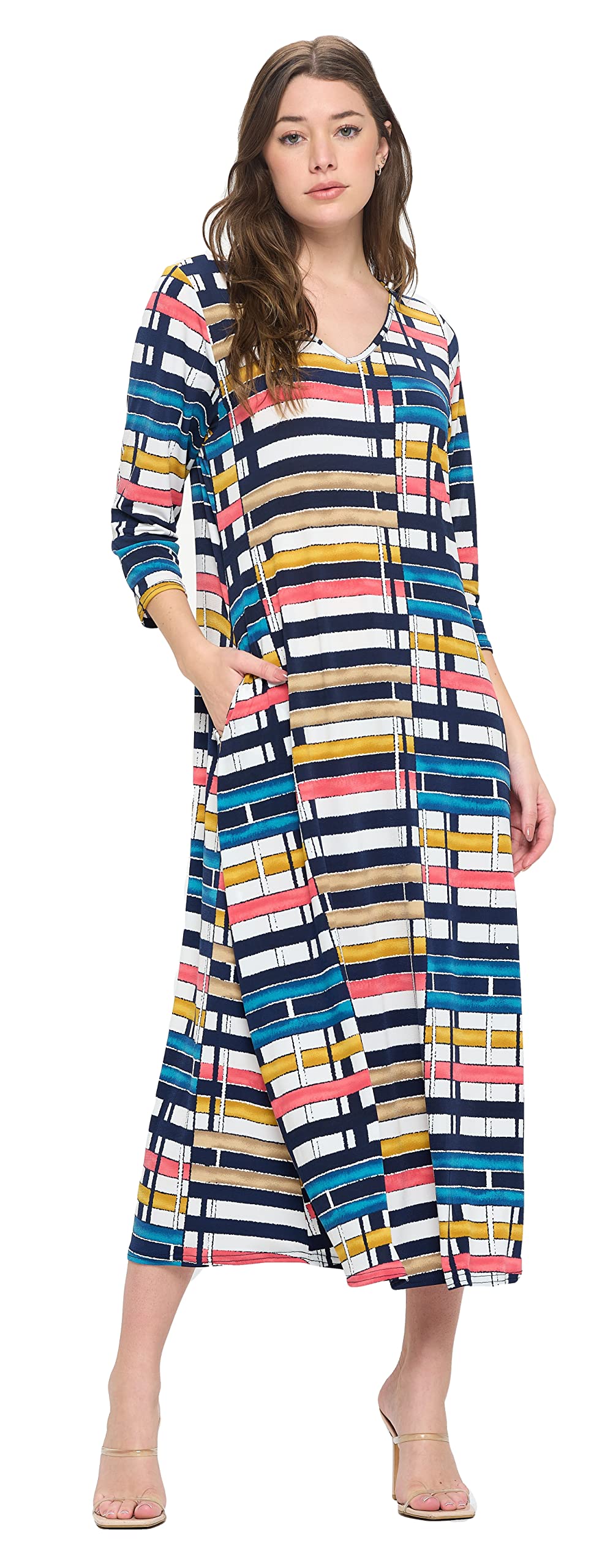 Jostar Women's Casual Long Dress – 3/4 Sleeve V-Neck Casual Print Solid One Piece with Pockets