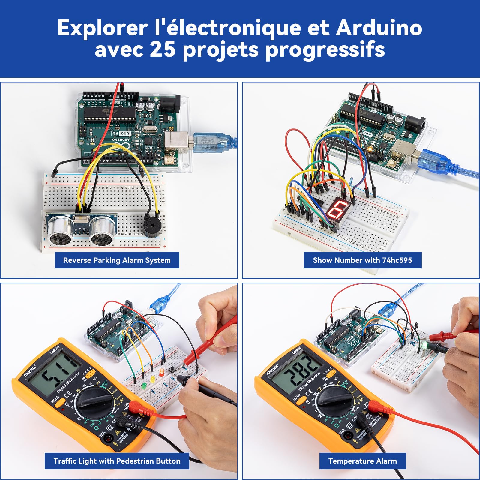 SunFounder Kit de démarrage Beginner's Lab avec carte Arduino Uno R3 REV3 originale, multimètre, 34 projets, carte d'essai, batterie HCSR-04, conforme RoHS, pour débutants et ingénieurs