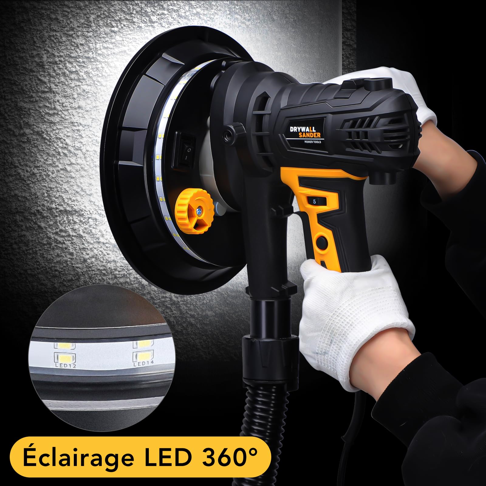 Ponceuse murale pour cloisons sèches 900W,1400-2700RPM,LED Poignée télescopique Moteur, 5 Niveaux Vitesses,grosse et fine abrasion,Lumière LED,Sac à Poussière et Tuyau et 12 Disques de Ponçage