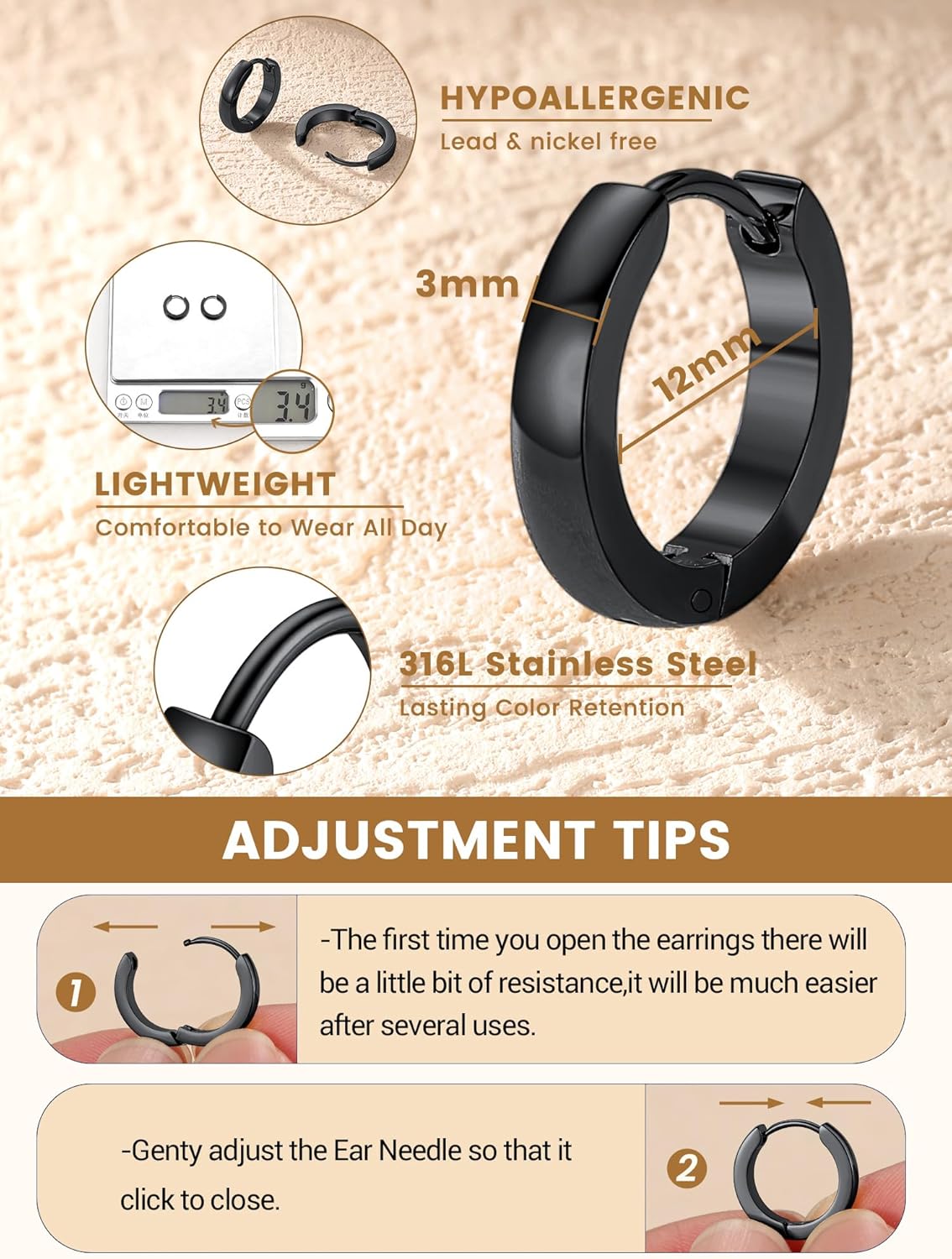 KeyStyle Small Hoop Earrings for Women,Hypoallergenic Stainless Steel Tiny Earrings,Gold/Silver/Black Non-Tarnish Cartilage Hoop Earring for Men,Lightweight Sleeper Earrings,7/8/9/10/12/14/16mm - Image 4