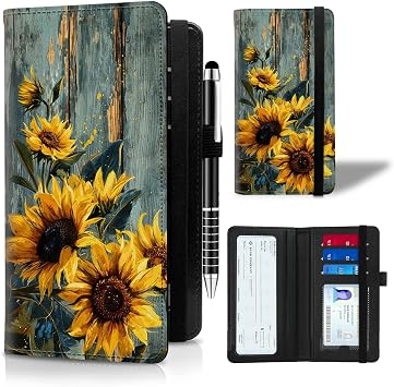 Leather Checkbook Cover for Men Women Personal Checkbook Holder RFID Blocking Check Book Holder Cover for Duplicate Checks,with A Pen,Green Wood Sunflower