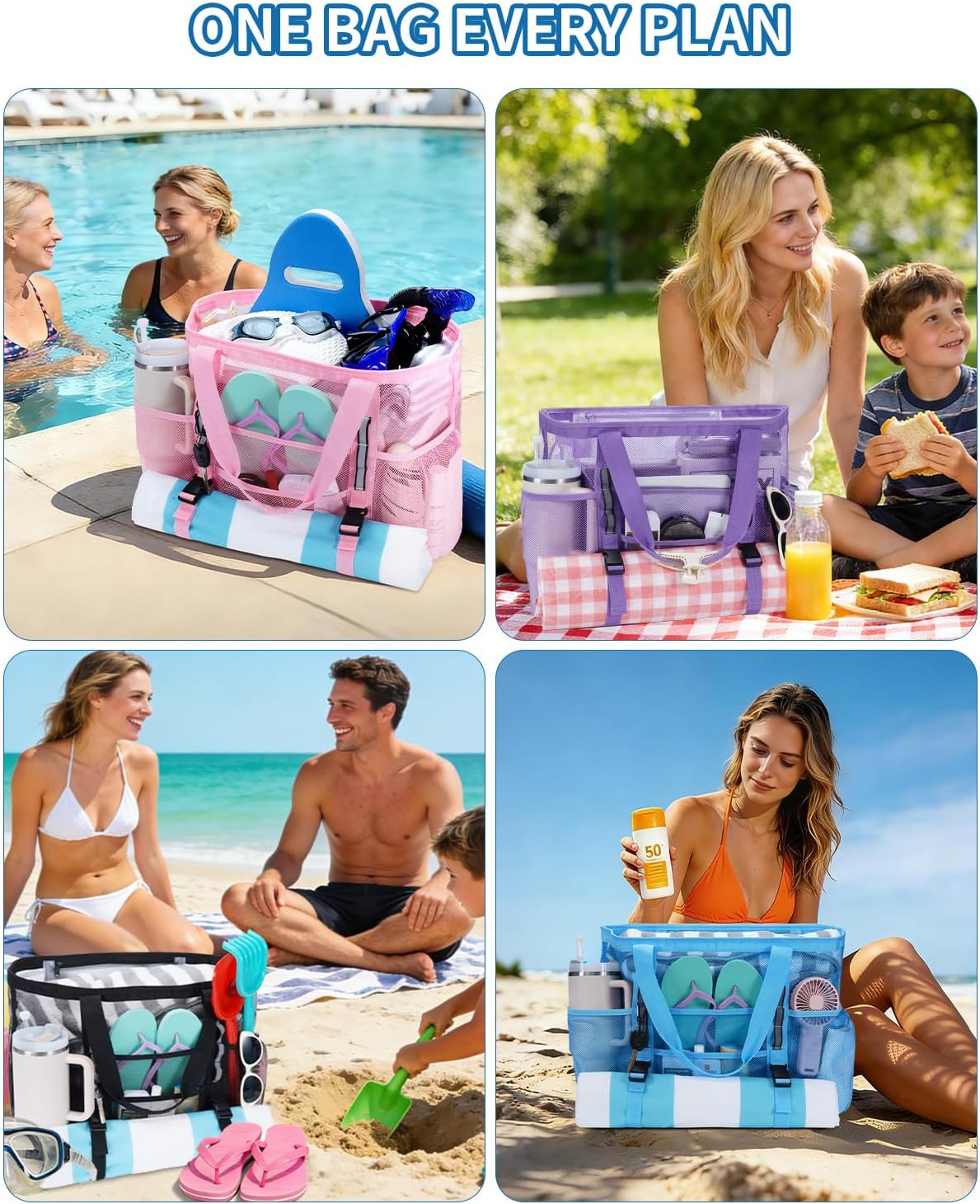 WANDF Mesh Beach Bag for Women, Large Beach Tote Bags with 40oz Tumbler Side Pockets, Family Pool Bag for Swim Toys Towels Cruise Vacation Essentials (Black) | Breathable - Image 9