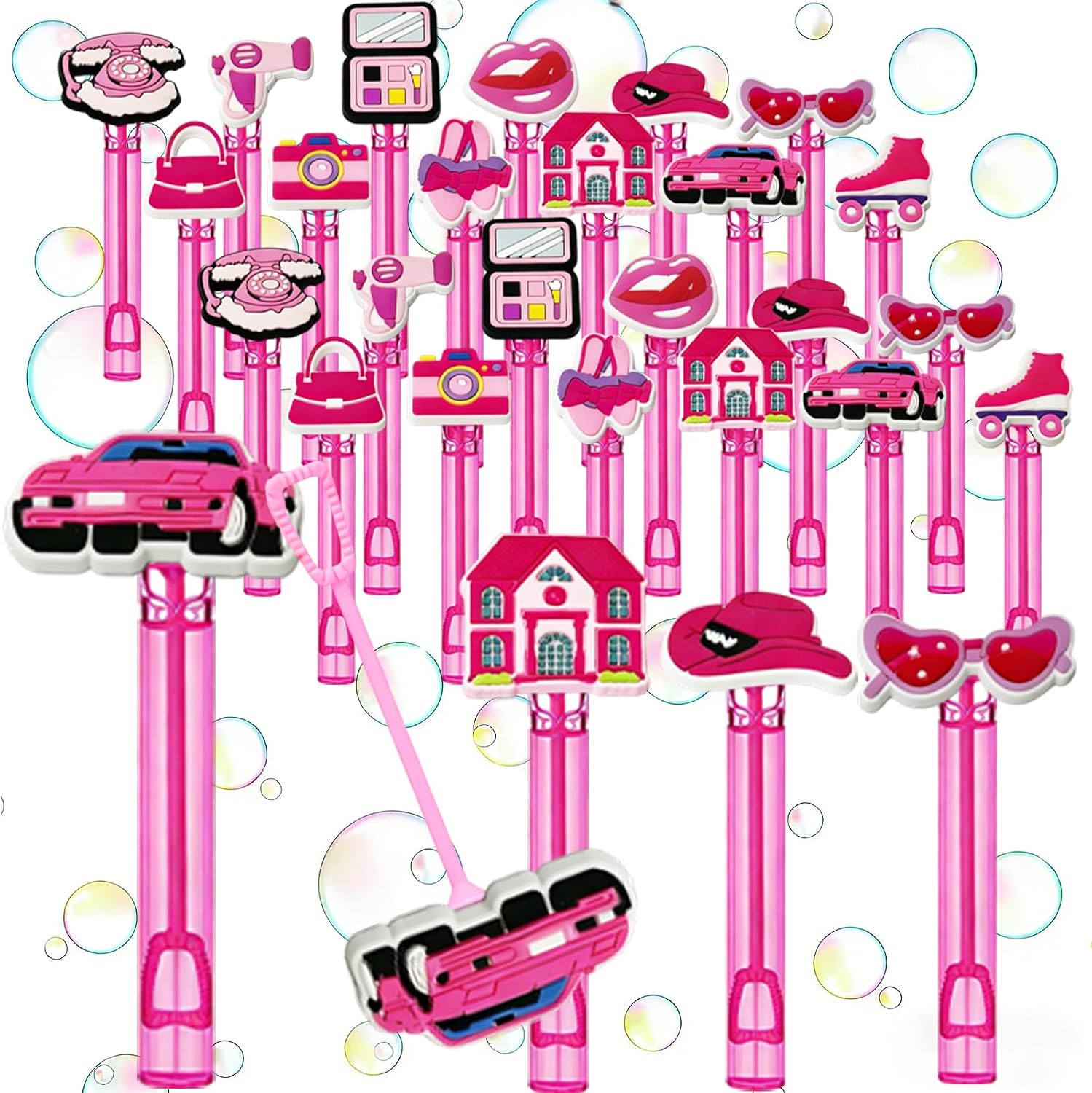 24 Pcs Pink Fashion Bubble Wands, Pink Party Favors, Goodie Bag Fillers | Pink fashion bubble wands with detachable toppers and pink tubes for bachelorette favors, goodie bags and pinatas.