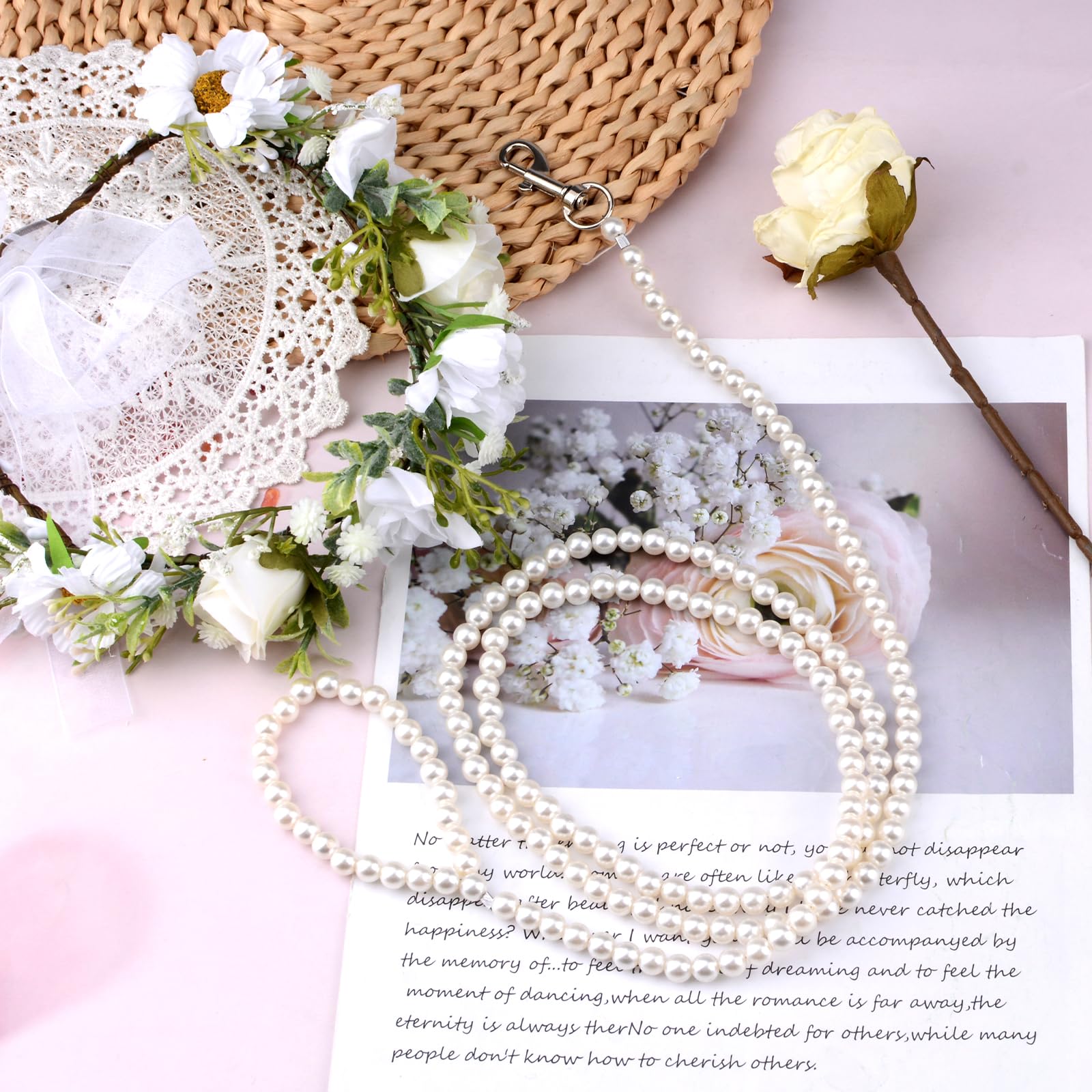Hundehalsband mit Blumenhalsband mit Perlen, elegantes Hunde-Stirnband, Hochzeitskleidung, Kranz, Schleife, verstellbarer Kranz, Hochzeitsoutfit, Blumenhalsband, Haustier-Foto-Requisite (weiß)