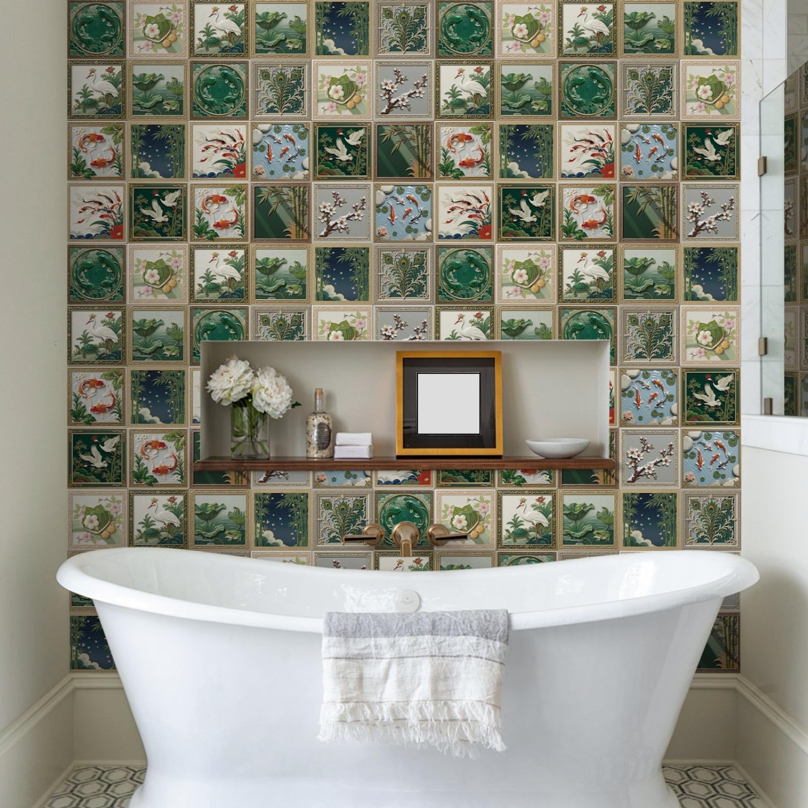 Azulejos Adhesivos Baño 15x15 cm Pescado Chino Verde Vinilo Pared Cocina Pelar Y Pegar Impermeable para Muebles Chimenea Gabinete Baldosas Adhesivas Pared Decorativos 24 Piezas