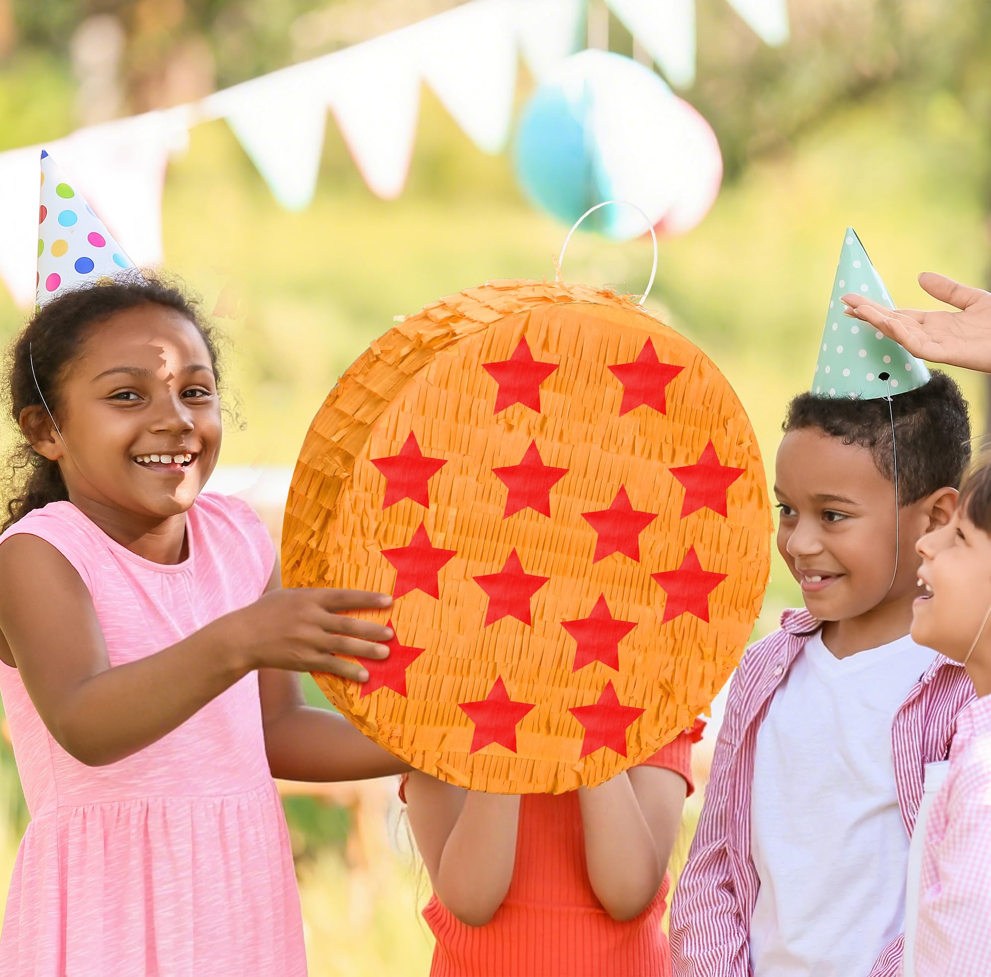 RoundFunny Piñata temática de anime, decoración de cumpleaños, estrellas amarillas y rojas con palo y confeti para decoración de fiesta, centro de mesa, accesorio de fotos, cumpleaños, aniversario