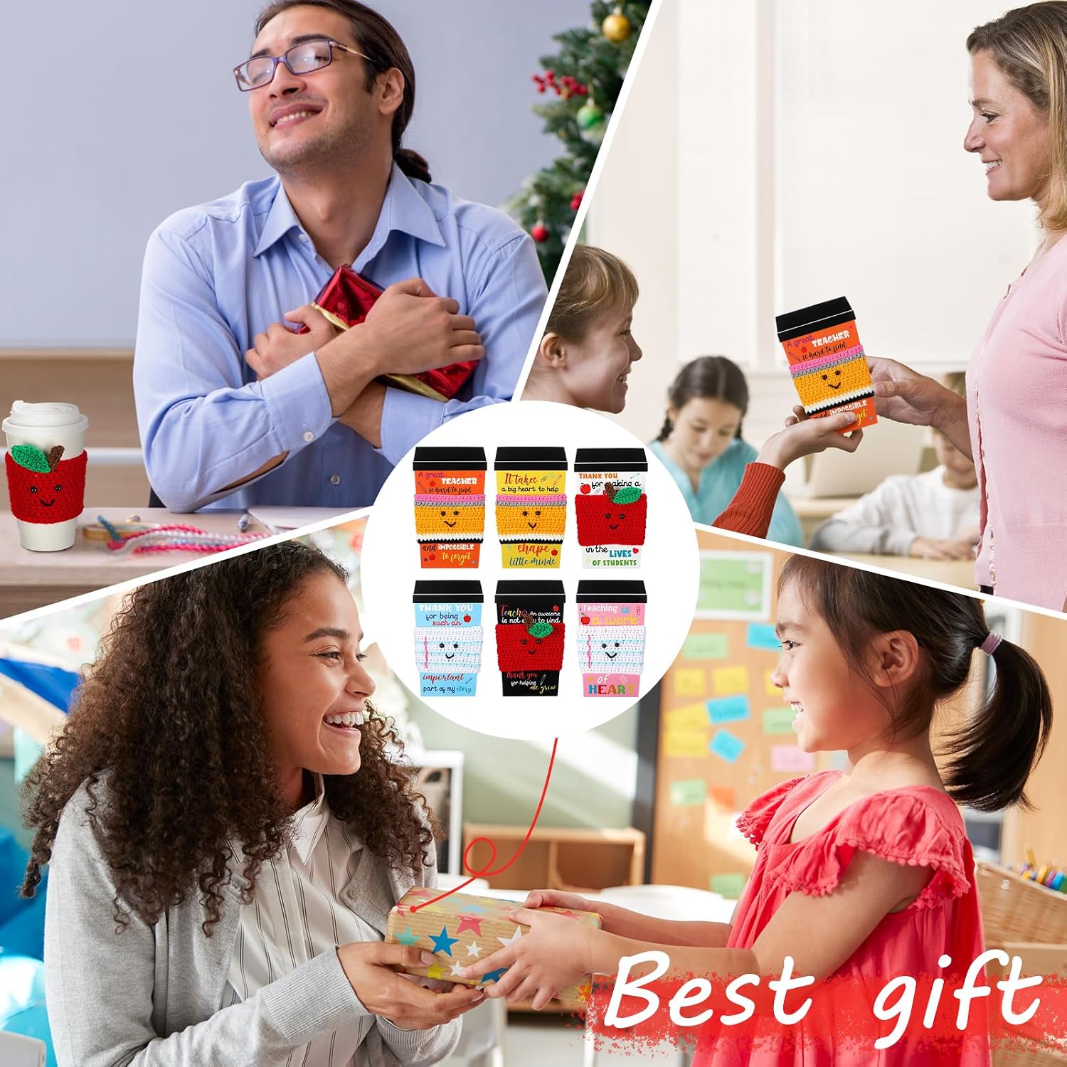 Zhehao 6 Set End of Year Teacher Gift Card Crochet Coffee Cup Sleeve Thank You Coffee Cup Appreciation Graduation Gifts for Teacher First Day of School Party Favors