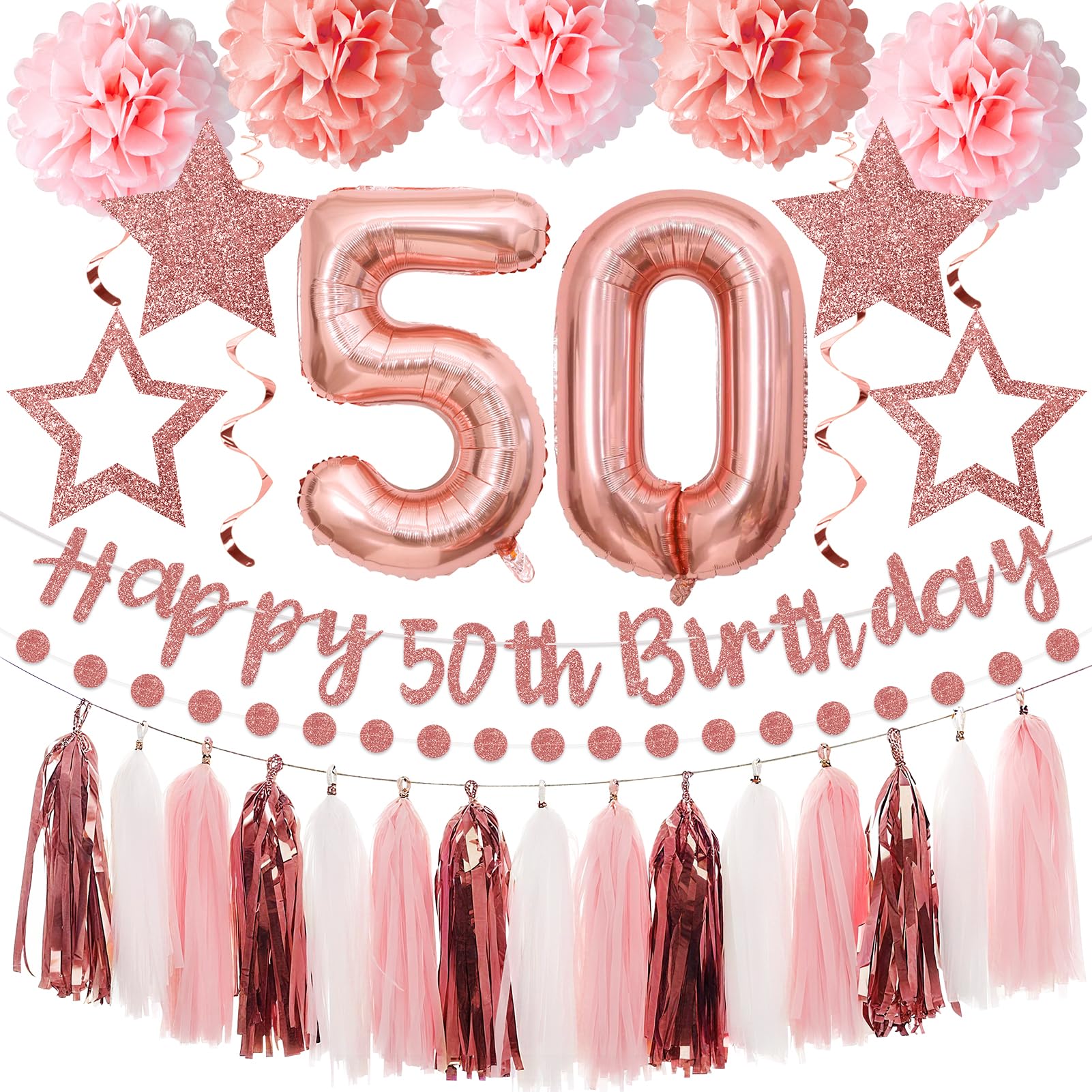 Photo 1 of Kuxriox 13Pcs 50th Birthday Decorations for Girls, Pink Rose Gold Happy 50th Birthday Banner and Balloons, Glittery 50 Year Old Bday Tissue Pompoms, Circle Dots Garland, Tassel Garland Party Supplies