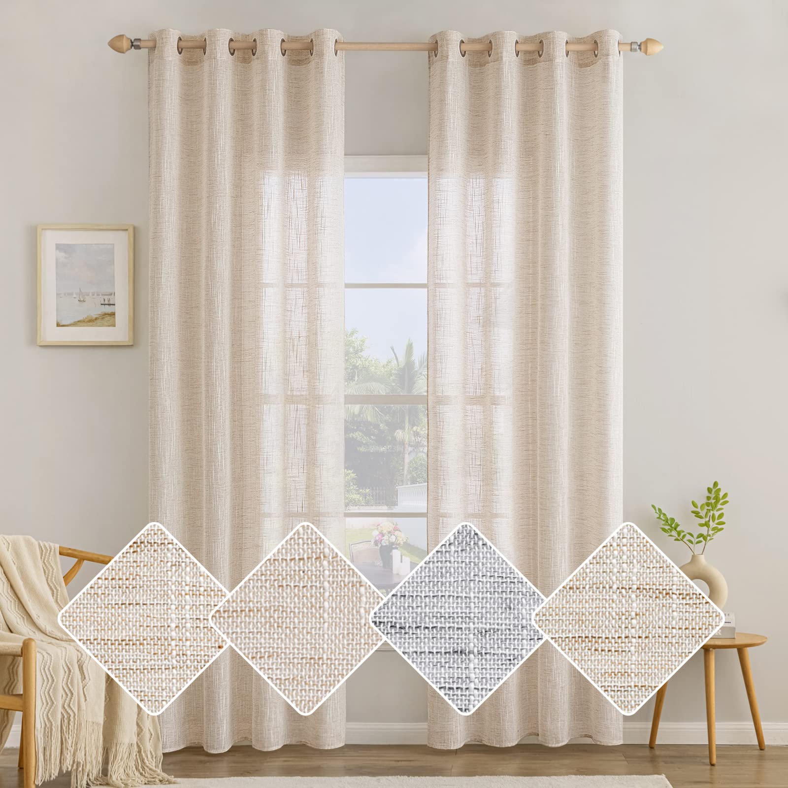 MIULEE Gordijnen, linnen, met oogjes, voile, gordijnen, linnenlook, woonkamer, modern, raamgordijn, kinderkamer, keukengordijnen, set van 2, 140 x 215 cm, witte rijst