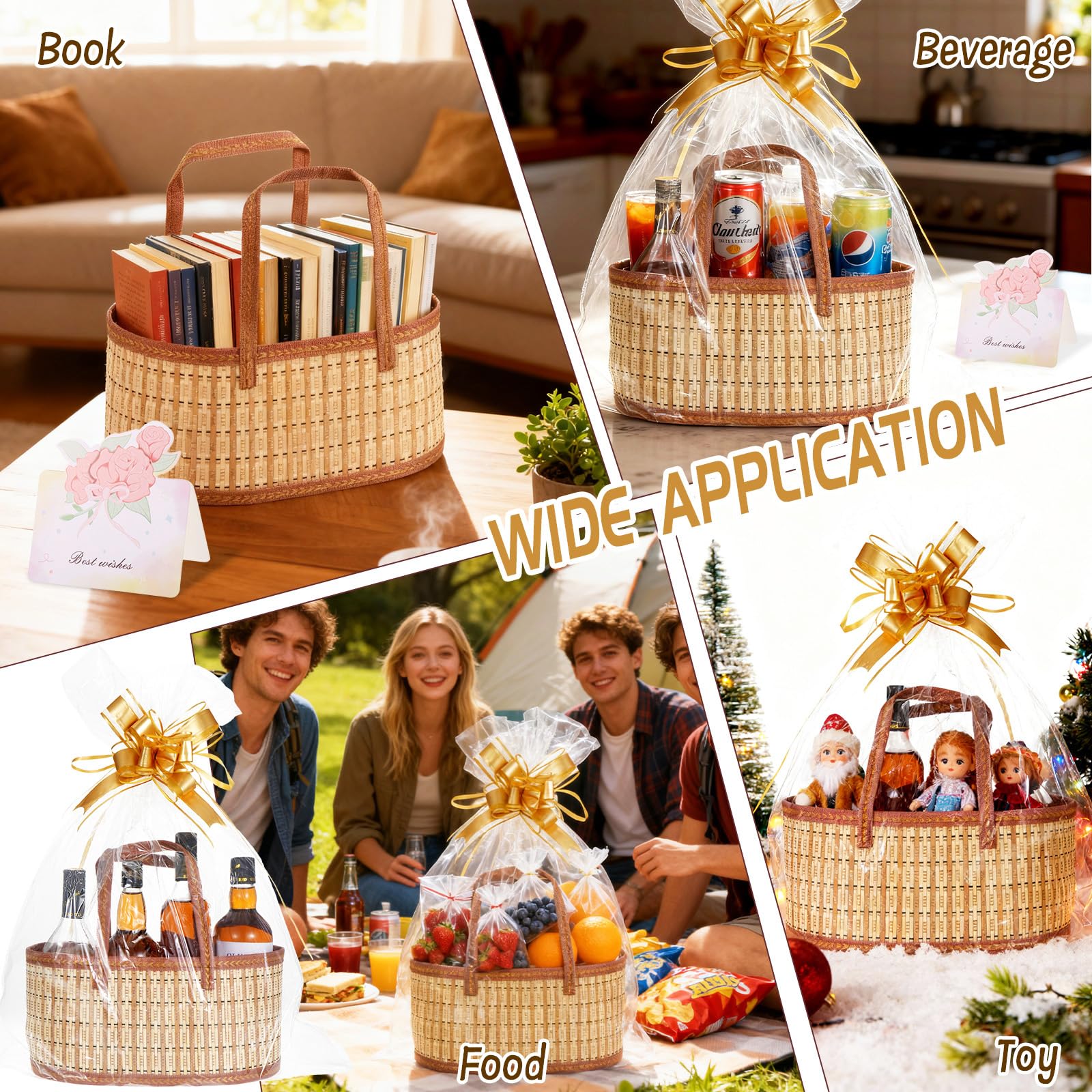 Juego de 4 cestas vacías para regalos, cesta grande de bambú vacía con asas, cesta de regalo tejida plegable con bolsa envolvente/tarjeta/lazo, cestas de regalo resistentes para bautizos de bebé