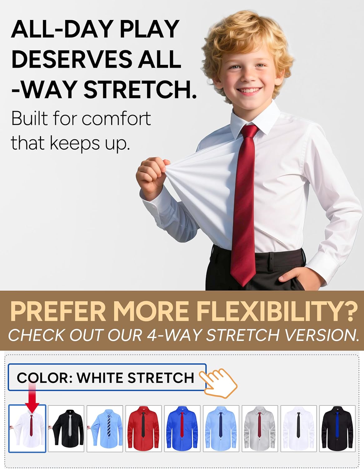 Boys Long Sleeve Button-Down Dress Shirts with Tie: 2 Fabrics (Stretch/Standard) & 2 Fits (Regular/Husky) - Image 7